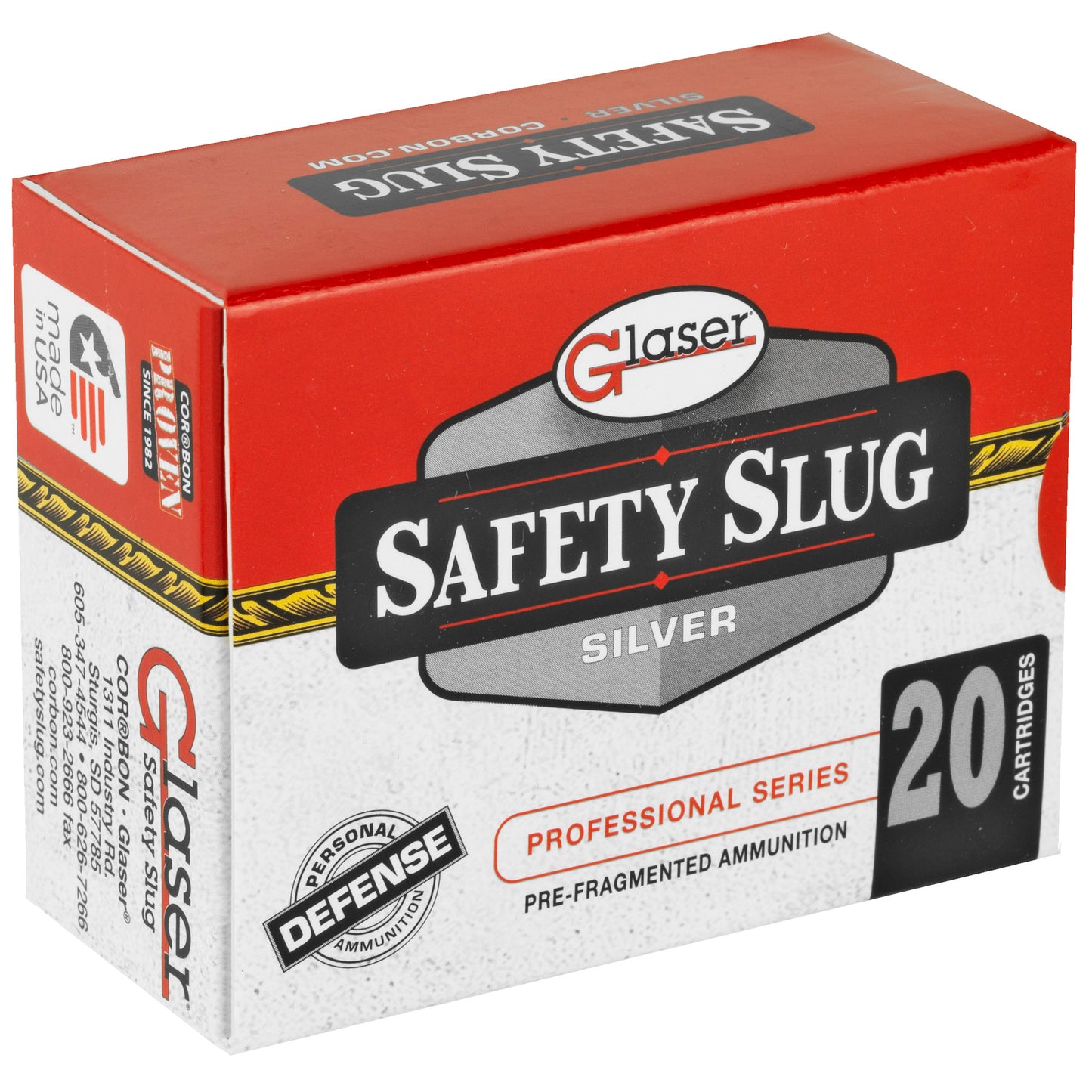 Glaser, Silver, 45 ACP, 145 Grain, Pre-Fragmented, +P, 20 Round Box