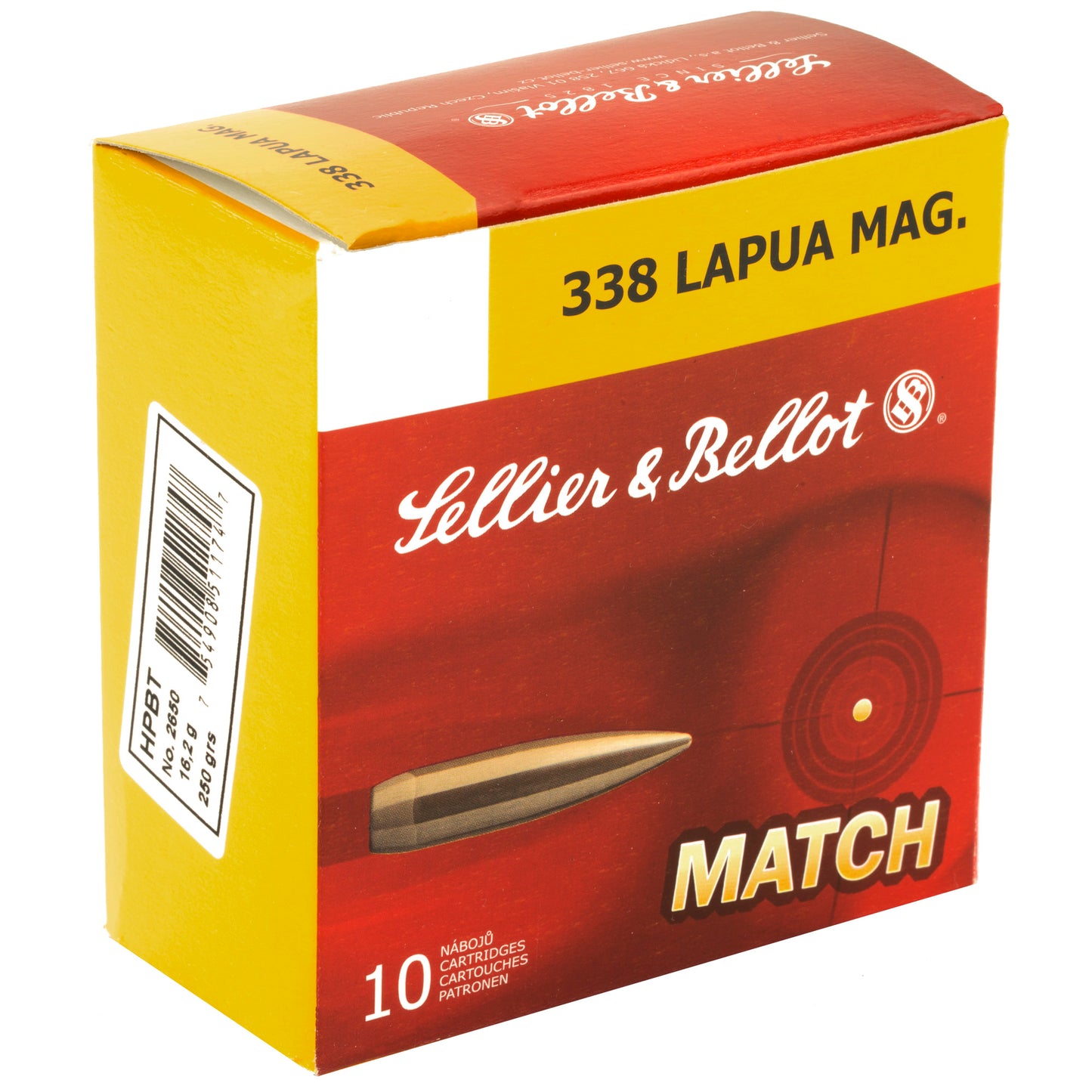 Sellier &amp; Bellot, Match, 338 Lapua, 250 Grain, Boat Tail Hollow Point, 10 Round Box