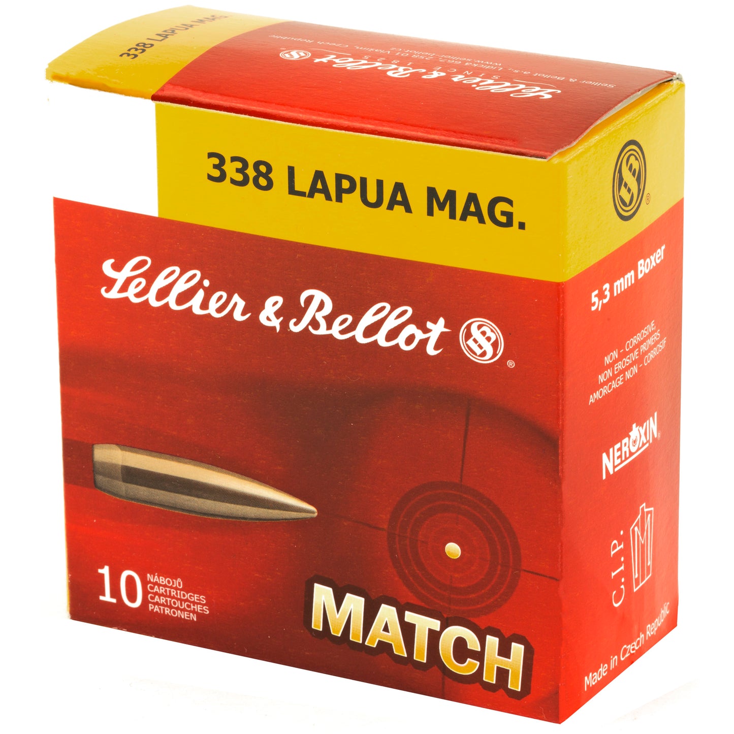 Sellier &amp; Bellot, Match, 338 Lapua, 250 Grain, Boat Tail Hollow Point, 10 Round Box