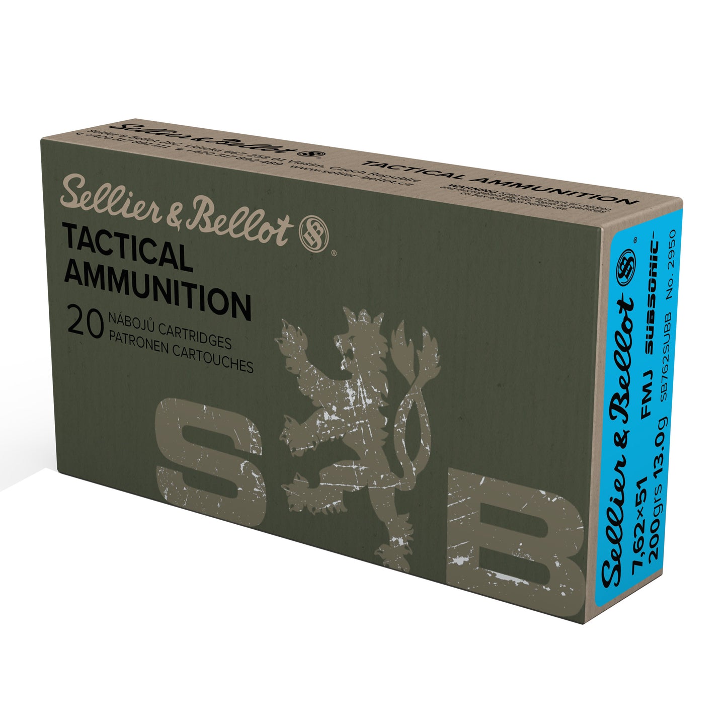 Sellier &amp; Bellot, 7.62x51, Subsonic, 200 Grain, Full Metal Jacket, (20 Round Box)