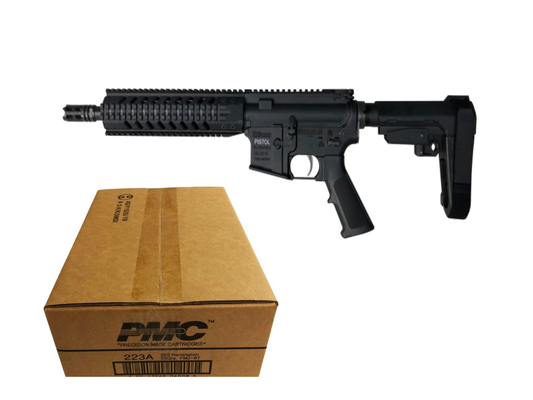 R Guns TRR15 Forged AR15 Pistol - Black | 5.56NATO | 10.75" Barrel | 10" Quad Rail | YHM Phantom Flash Suppressor | SBA3 Arm Brace Bundled w/ PMC Bronze .223 Remington Rifle Ammo - 55 Grain | FMJ-BT | 1 Case (50 boxes)