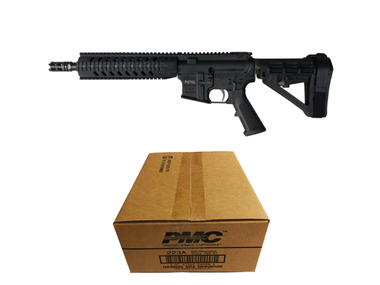 R Guns TRR15 Forged AR15 Pistol - Black | 5.56NATO | 10.75" Barrel | 10" Quad Rail | YHM Phantom Flash Suppressor | SBA4 Arm Brace Bundled w/ PMC Bronze .223 Remington Rifle Ammo - 55 Grain | FMJ-BT | 1 Case (50 boxes)