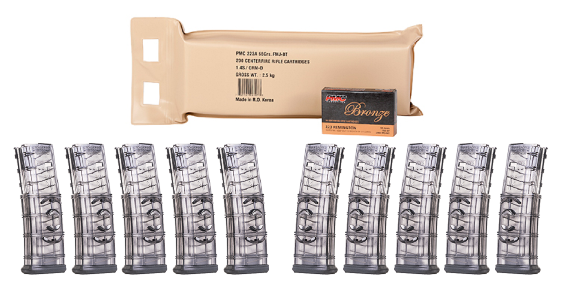 PMC Bronze .223 Remington Rifle Ammo - 55 Grain | FMJ-BT | 200rd Battle Pack Bundled w/ TEN ETS .223 Rem & 5.56 NATO Rifle Mag Smoke Gray | FITS AR15 Rifle | 30RD Mag | WITH COUPLER