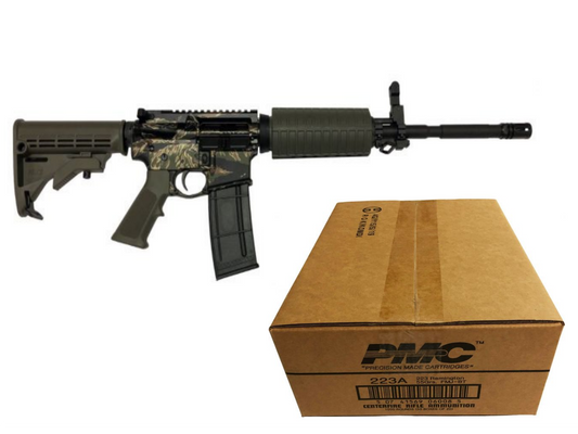 R Guns TRR15 Forged AR15 Rifle - Tiger Stripe Camo| 5.56NATO | 16" Barrel | A2 Handguard | M4 Butttock | A2 Flash Hider Bundled w/ PMC Bronze .223 Remington Rifle Ammo - 55 Grain | FMJ-BT | 1 Case (50 boxes)