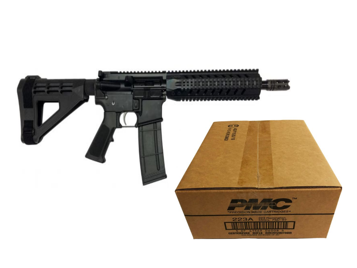 R Guns KTA-15 Forged AR15 Pistol - Black | 5.56NATO | 10.75" Barrel | 10" Quad Rail | YHM Phantom Flash Suppressor | SBM4 Arm Brace Bundled w/ PMC Bronze .223 Remington Rifle Ammo - 55 Grain | FMJ-BT | 1 Case (50 boxes)