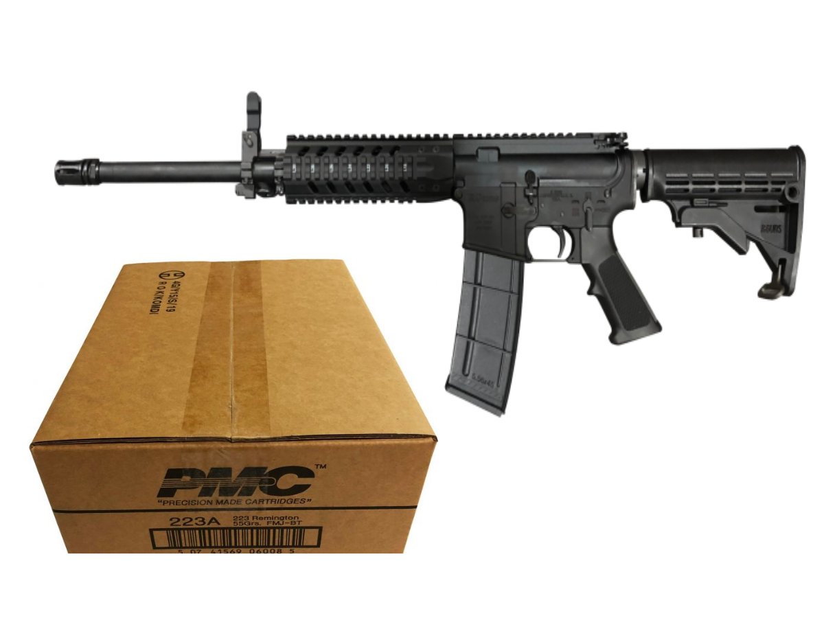 R Guns TRR15 Forged AR15 Rifle - Black | 5.56NATO | 16" Barrel | 7" Quad Rail | YHM A2 Flash Hider Bundled w/ PMC Bronze .223 Remington Rifle Ammo - 55 Grain | FMJ-BT | 1 Case (50 boxes)