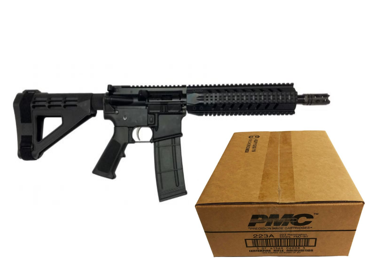 R Guns TRR15 Forged AR15 Pistol - Black | 5.56NATO | 10.75" Barrel | 10" Quad Rail | YHM Phantom Flash Suppressor | SBM4 Arm Brace Bundled w/ PMC Bronze .223 Remington Rifle Ammo - 55 Grain | FMJ-BT | 1 Case (50 boxes)