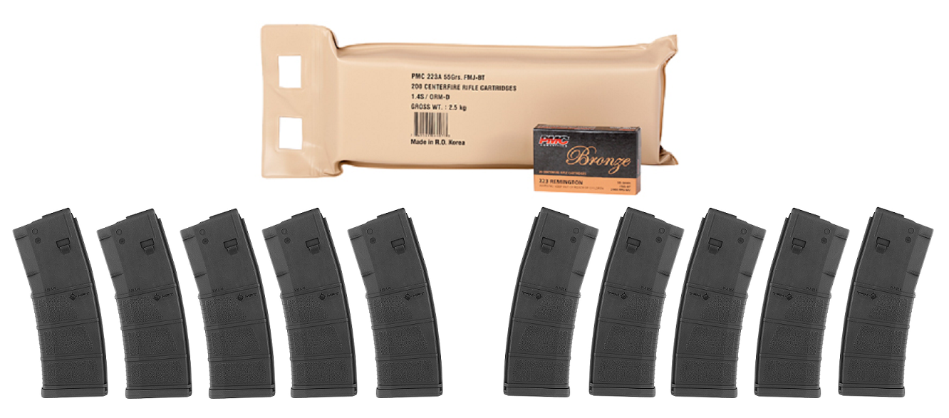 PMC Bronze .223 Remington Rifle Ammo - 55 Grain | FMJ-BT | 200rd Battle Pack Bundled w/ TEN Mission First Tactical AR15 .223/5.56 Standard Cap Magazine - Black | 30rd