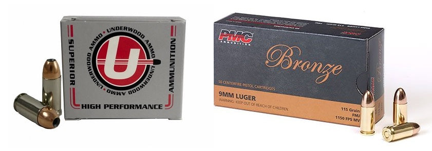 Underwood Ammo 9mm Luger Handgun Ammo - 147 Grain | +P | Jacketed Hollow Point Bundled w/ One PMC Bronze 9mm Luger Handgun Ammo - 115 Grain | FMJ | 50rd Box