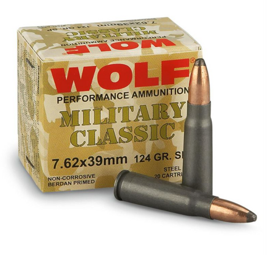 Wolf Steel Case Military Classic 7.62x39 Rifle Ammo - 124 Grain | JSP | 1000rd Case