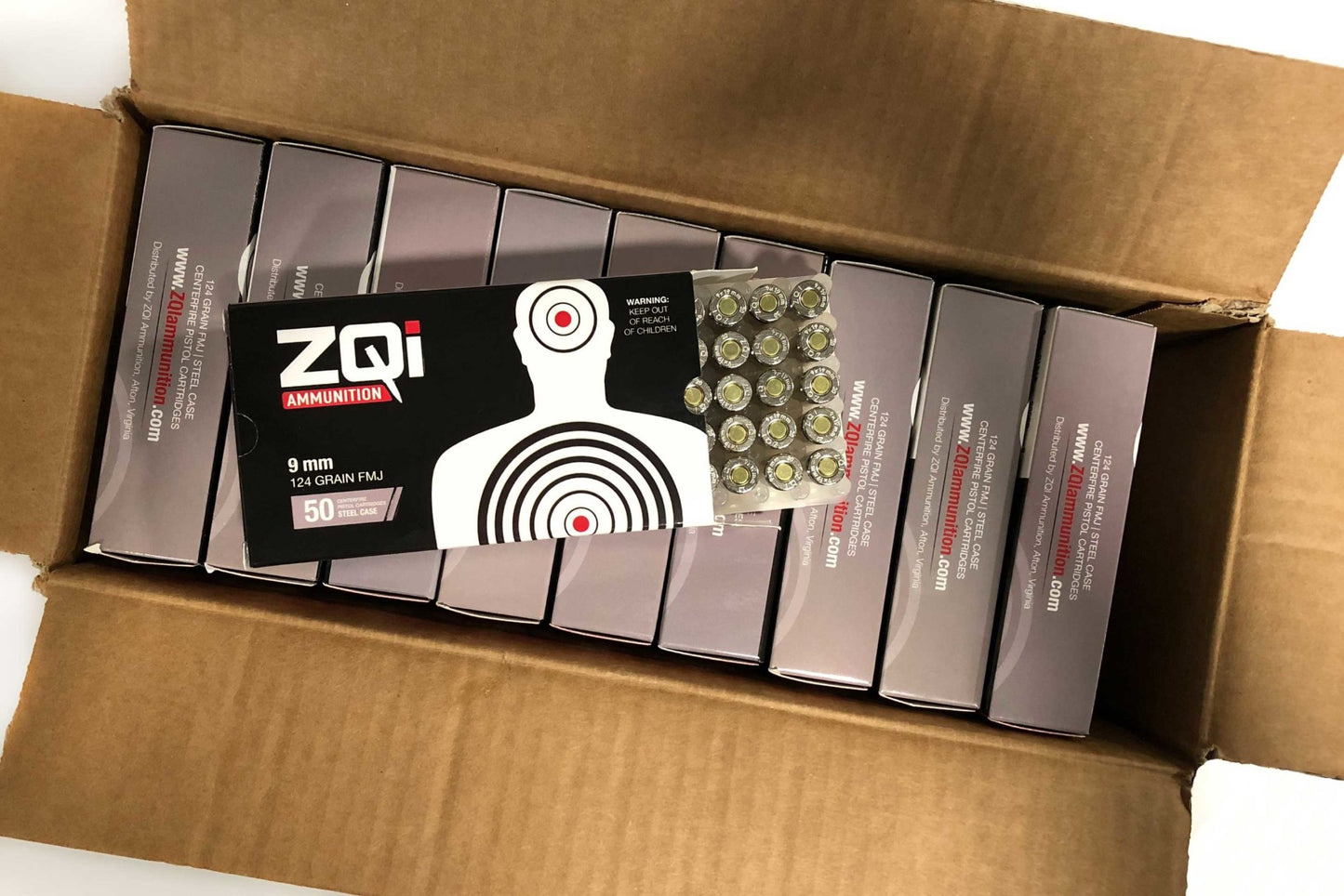 ZQI 9mm Handgun Ammo - 124 Grain | Polished Nickel Plated Steel Cased | FMJ | 1,000rd Case