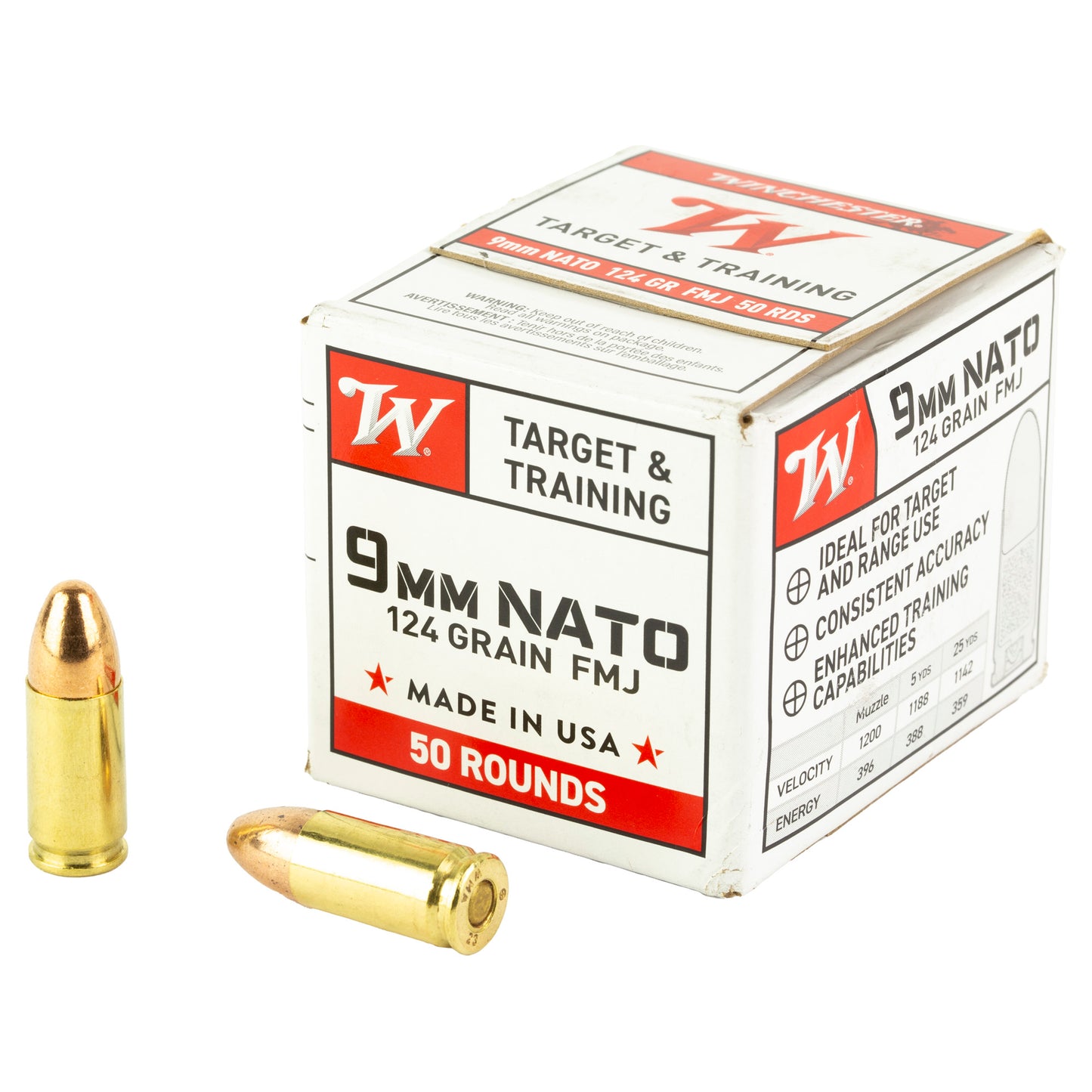 Winchester Ammunition, USA WHITE BOX, 9mm, 124 Grain | FMJ |  (50 Rounds Box)