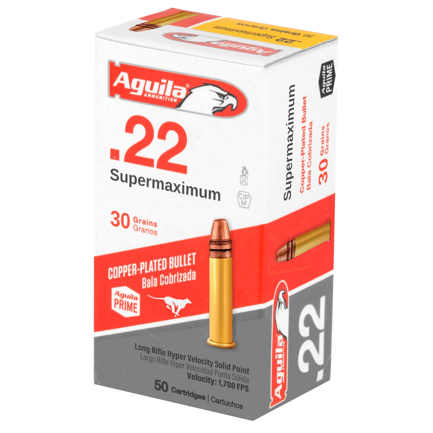 Aguila Ammunition, Supermaximum, Hyper Velocity, 22LR, 30 Grain, Copper-Plated Solid Point