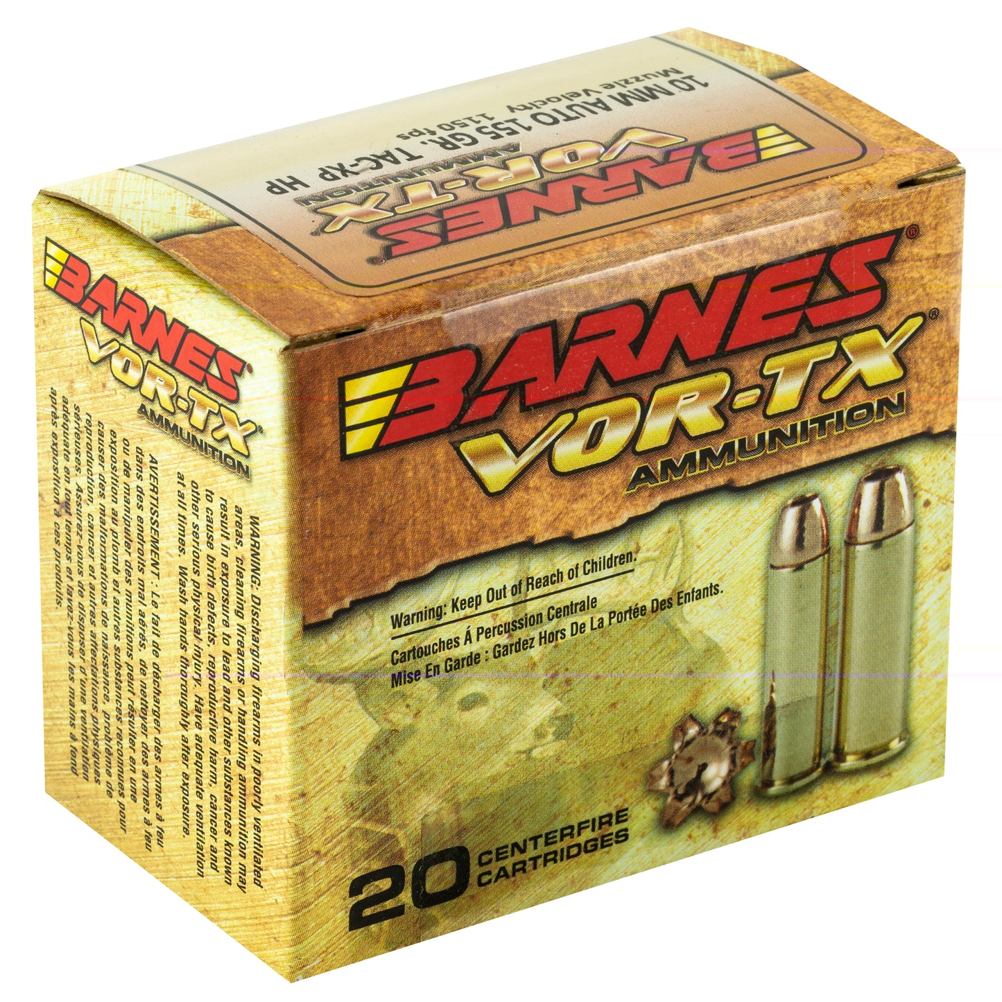 Barnes VOR-TX 10MM, 155 Grain, XPB, Jacketed Hollow Point, JHP, Lead Free, 20 Round Box, California Certified Nonlead Ammunition