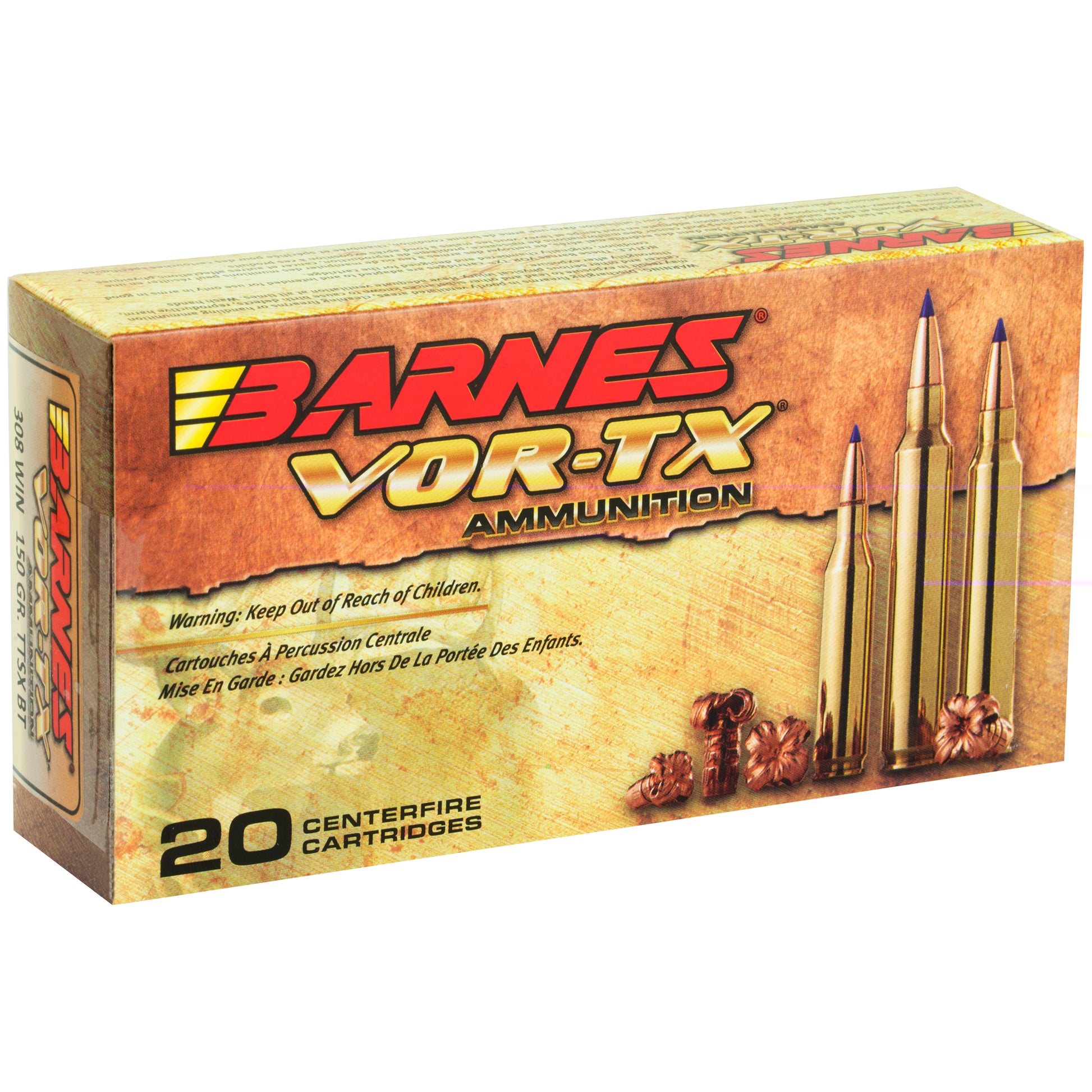 Barnes, VOR-TX, 308 Win, 150Gr, Tipped Triple Shock X, Boat Tail, 20 Round Box