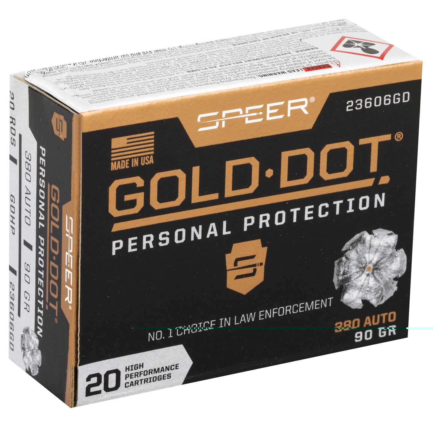 Speer, Gold Dot, Personal Protection, .380 Auto, Automatic Colt Pistol, ACP, 90 Gold | Gold Dot Hollow Point, GDHP | 20 Rounds per Box