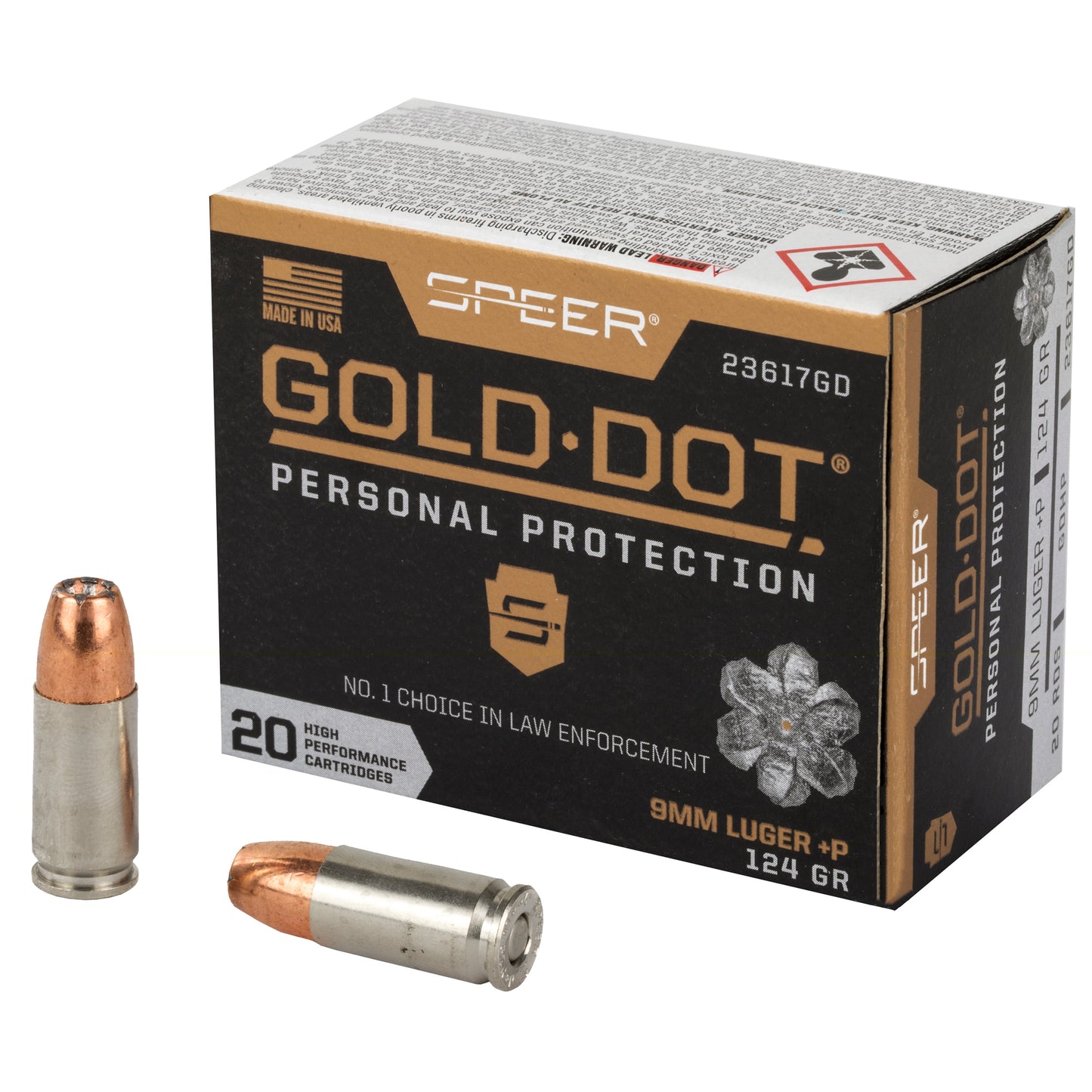 Speer, Gold Dot Personal Defense, 9mm Luger, Overpressure Ammunition, +P, 124 Grain | Gold Dot Hollow Point, GDHP | 20 Round Box 