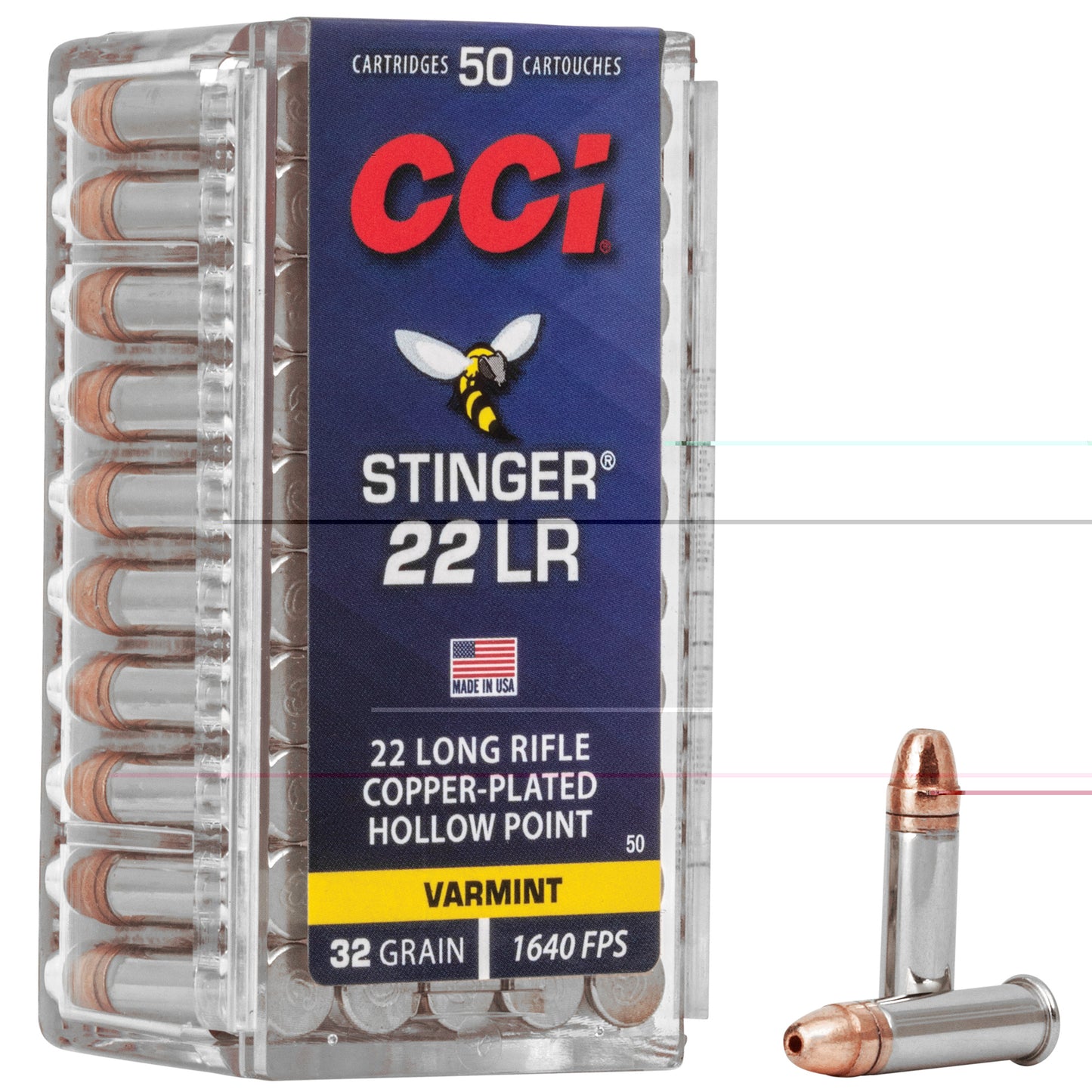 CCI Ammunition, Stinger, 22LR, 32 Grain, Gilded Lead Hollow Point, 50 Round Box WARNING