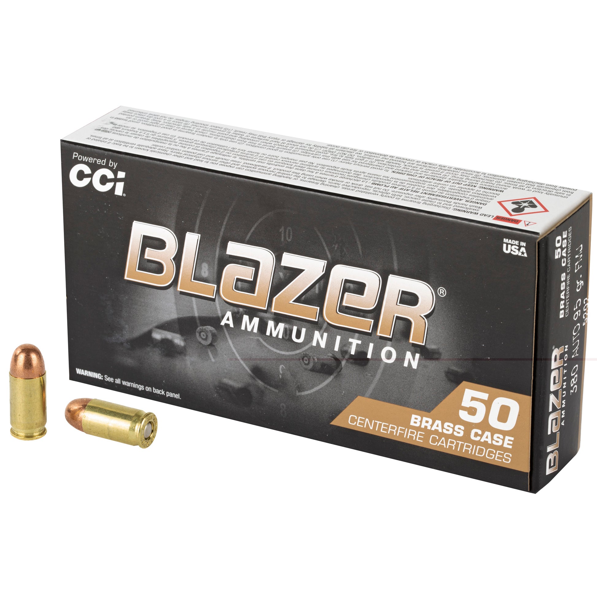 CCI Blazer Ammunition, .380 Auto, Automatic Colt Pistol, ACP, 95 Grain | Full Metal Jacket, FMJ | 50 Rounds per Box, Brass Case