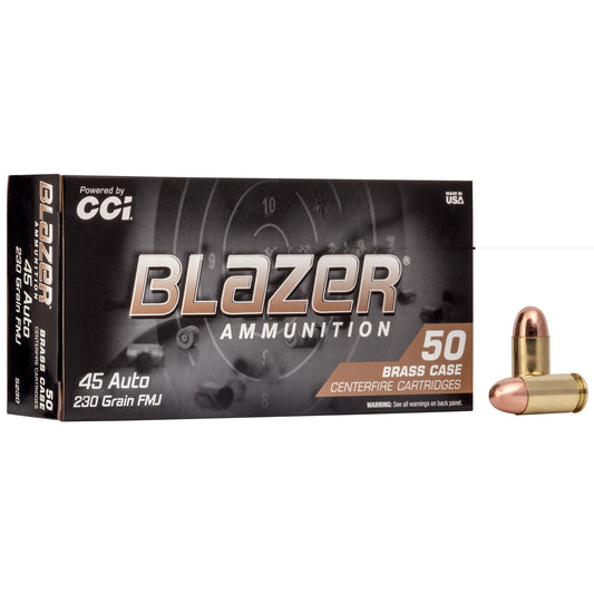 CCI, Blazer Brass Ammunition, .45 Auto, 230 Grain | Full Metal Jacket, FMJ | 50 Rounds per Box 