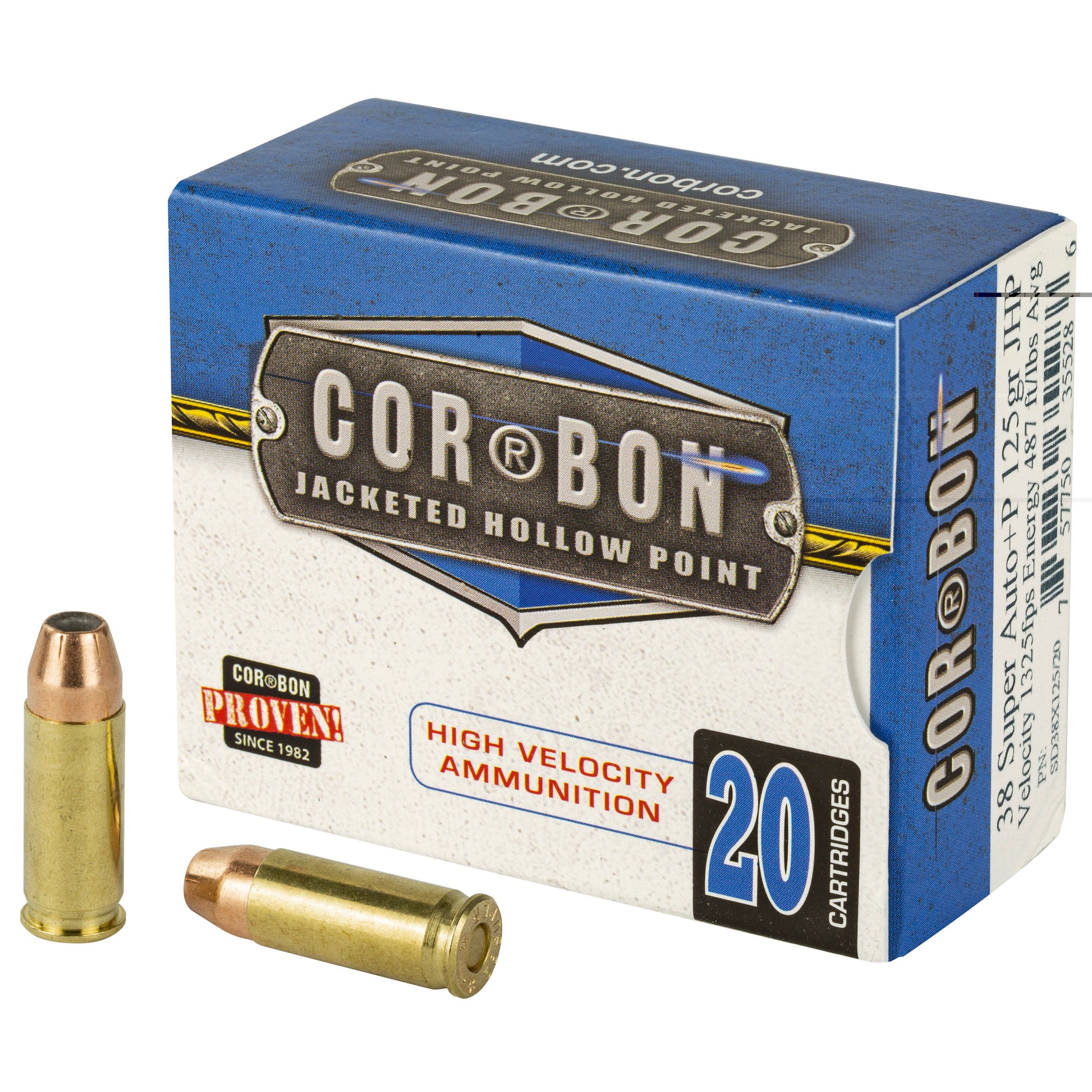 Corbon, .38 Super Auto, Overpressure Ammunition, +P, High Velocity Ammunition, 125 Grain | Jacketed Hollow Point, JHP | 20 Rounds per Box