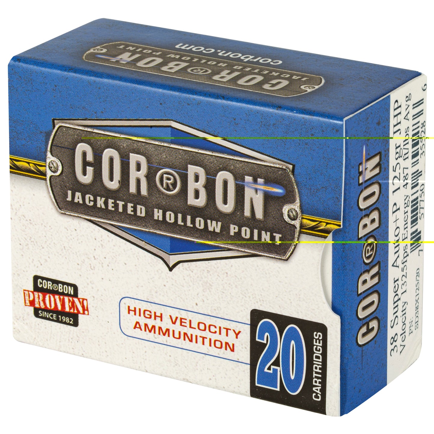 Corbon, .38 Super Auto, Overpressure Ammunition, +P, High Velocity Ammunition, 125 Grain | Jacketed Hollow Point, JHP | 20 Rounds per Box