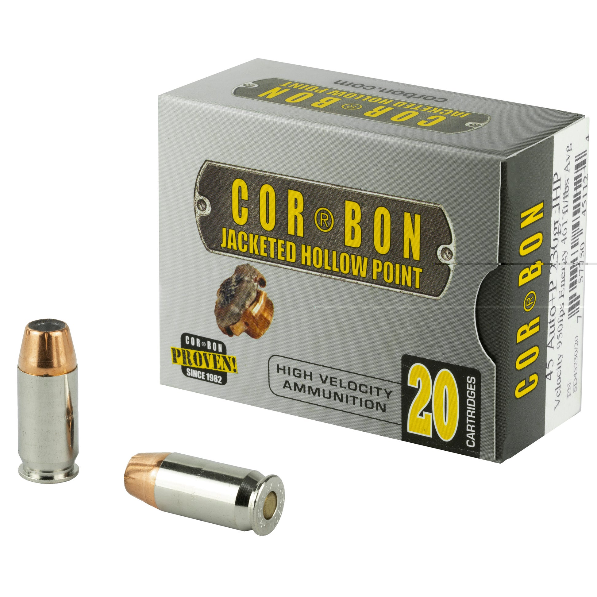 Corbon, .45 Auto, Overpressure Ammunition, +P, Automatic Colt Pistol, ACP, Jacketed Hollow-Point, JHP, 230grain, 20 Rounds per Box 