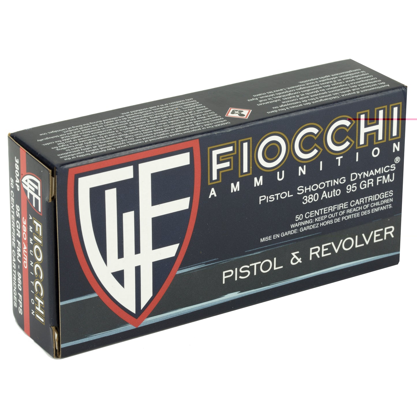 Fiocchi Ammunition, .380, Automatic Colt Pistol, ACP, 95grain | Full Metal Jacket, FMJ | 50 Rounds per Box