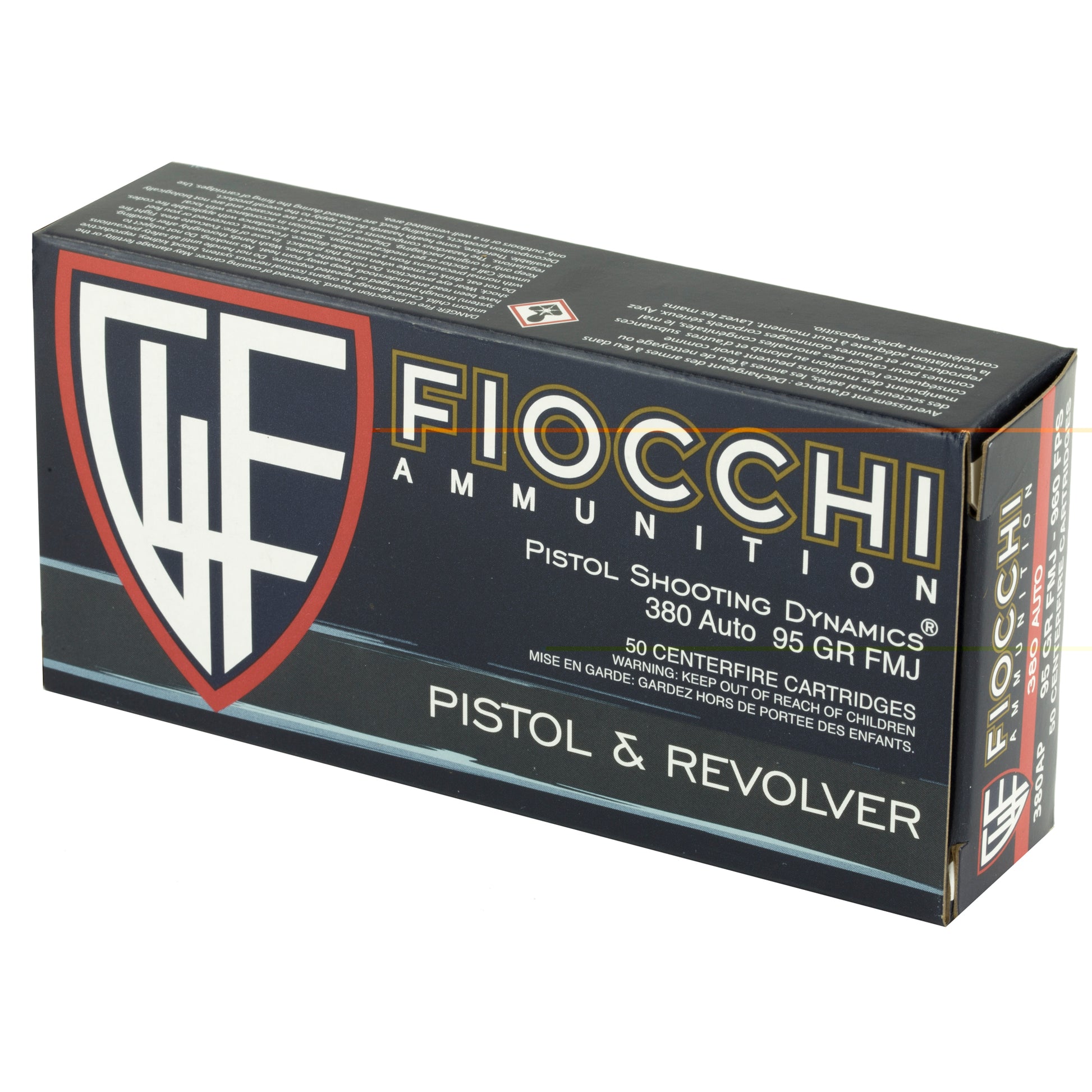 Fiocchi Ammunition, .380, Automatic Colt Pistol, ACP, 95grain | Full Metal Jacket, FMJ | 50 Rounds per Box