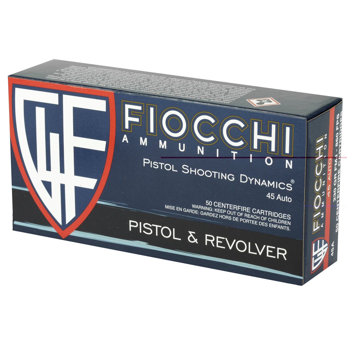 Fiocchi Ammunition, Pistol Shooting Dynamics, .45 Auto, Automatic Colt Pistol, ACP, Pistol. & Revolver, 230 Grain | Full Metal Jacket, FMJ | 50 Rounds per Box