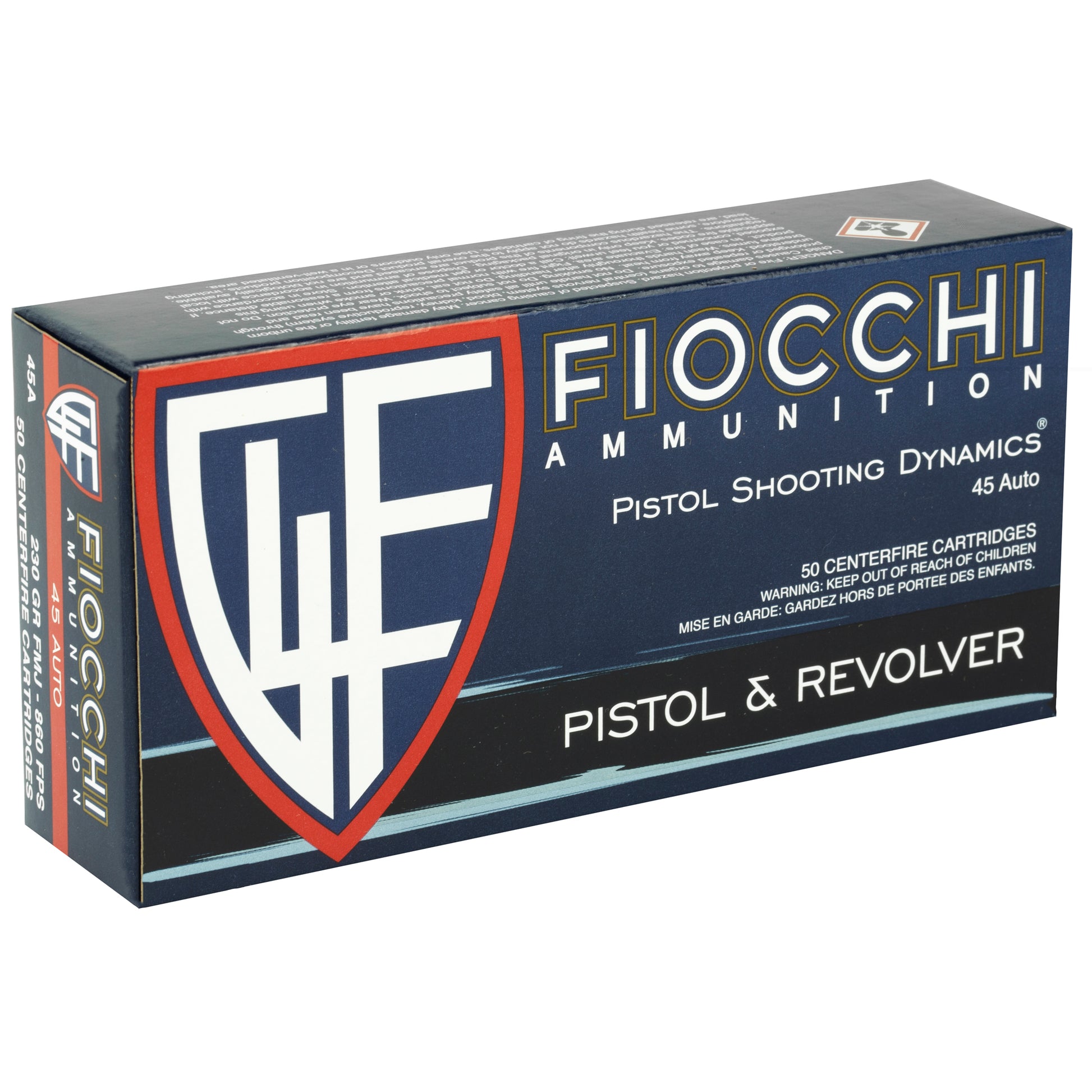 Fiocchi Ammunition, Pistol Shooting Dynamics, .45 Auto, Automatic Colt Pistol, ACP, Pistol. & Revolver, 230 Grain | Full Metal Jacket, FMJ | 50 Rounds per Box