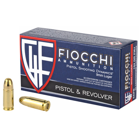 Fiocchi Ammunition, 9mm Luger, Pistol & Revolver, 124 Grain | Full Metal Jacket, FMJ | 50 Round Box 