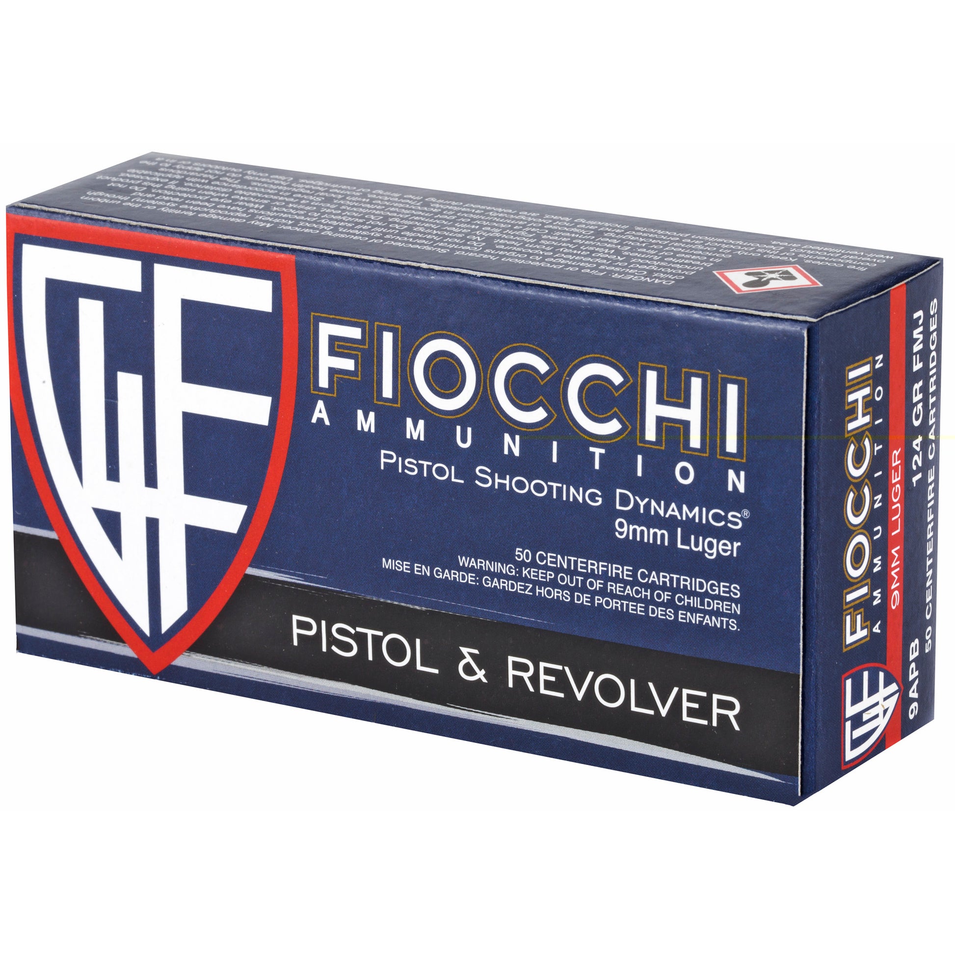 Fiocchi Ammunition, 9mm Luger, Pistol & Revolver, 124 Grain | Full Metal Jacket, FMJ | 50 Round Box 