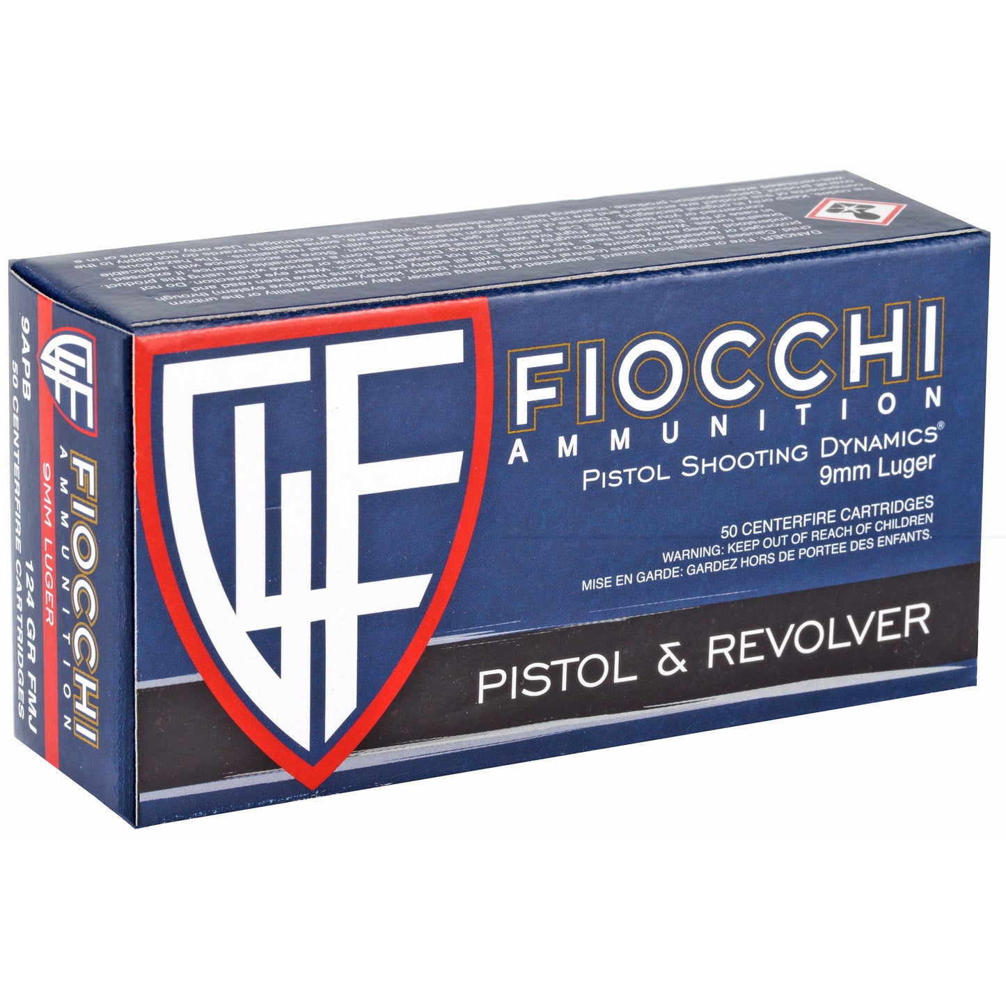 Fiocchi Ammunition, 9mm Luger, Pistol & Revolver, 124 Grain | Full Metal Jacket, FMJ | 50 Round Box 