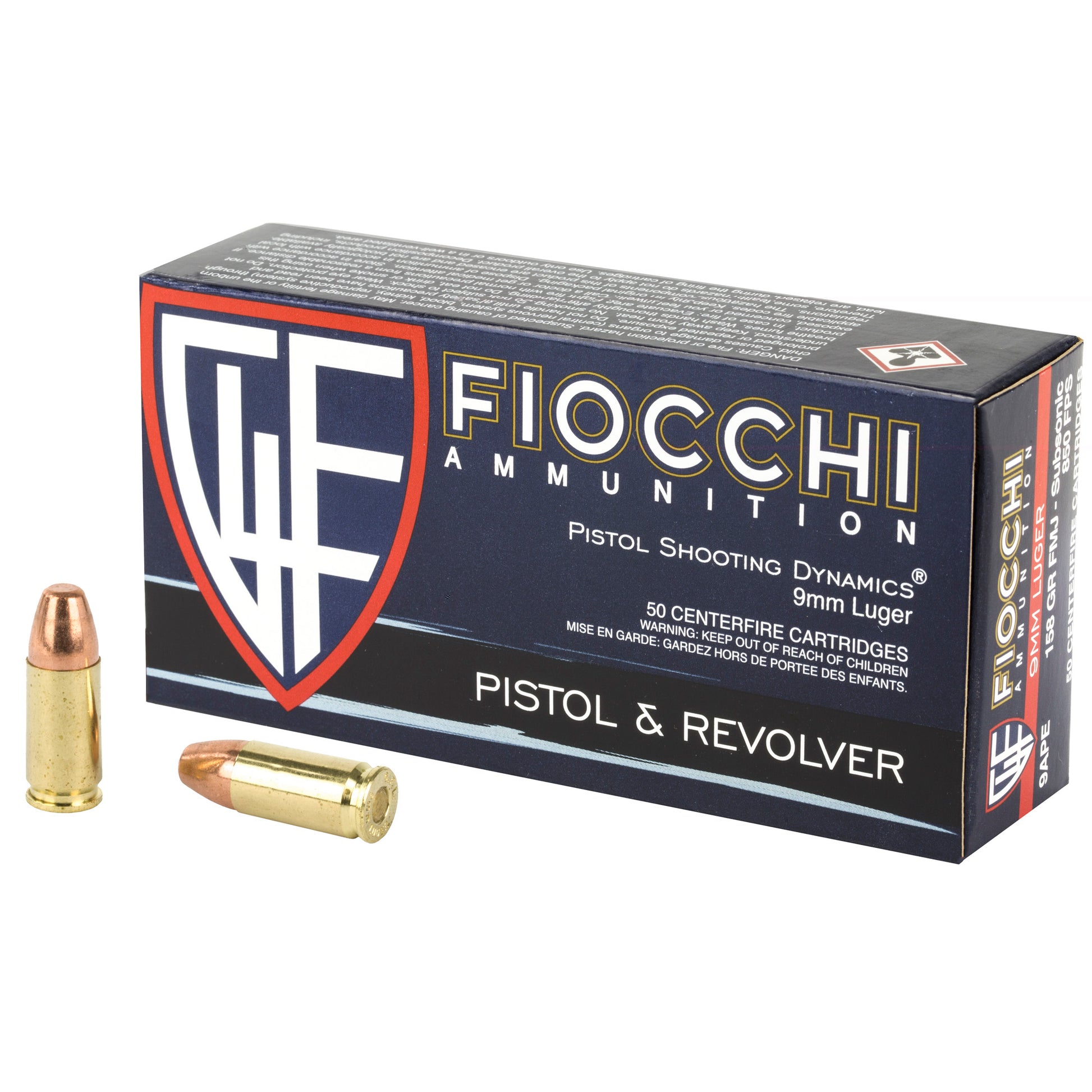 Fiocchi Ammunition,9mm Luger, 158 Grain, Subsonic | Full Metal Jacket, FMJ | 50 Round Box 