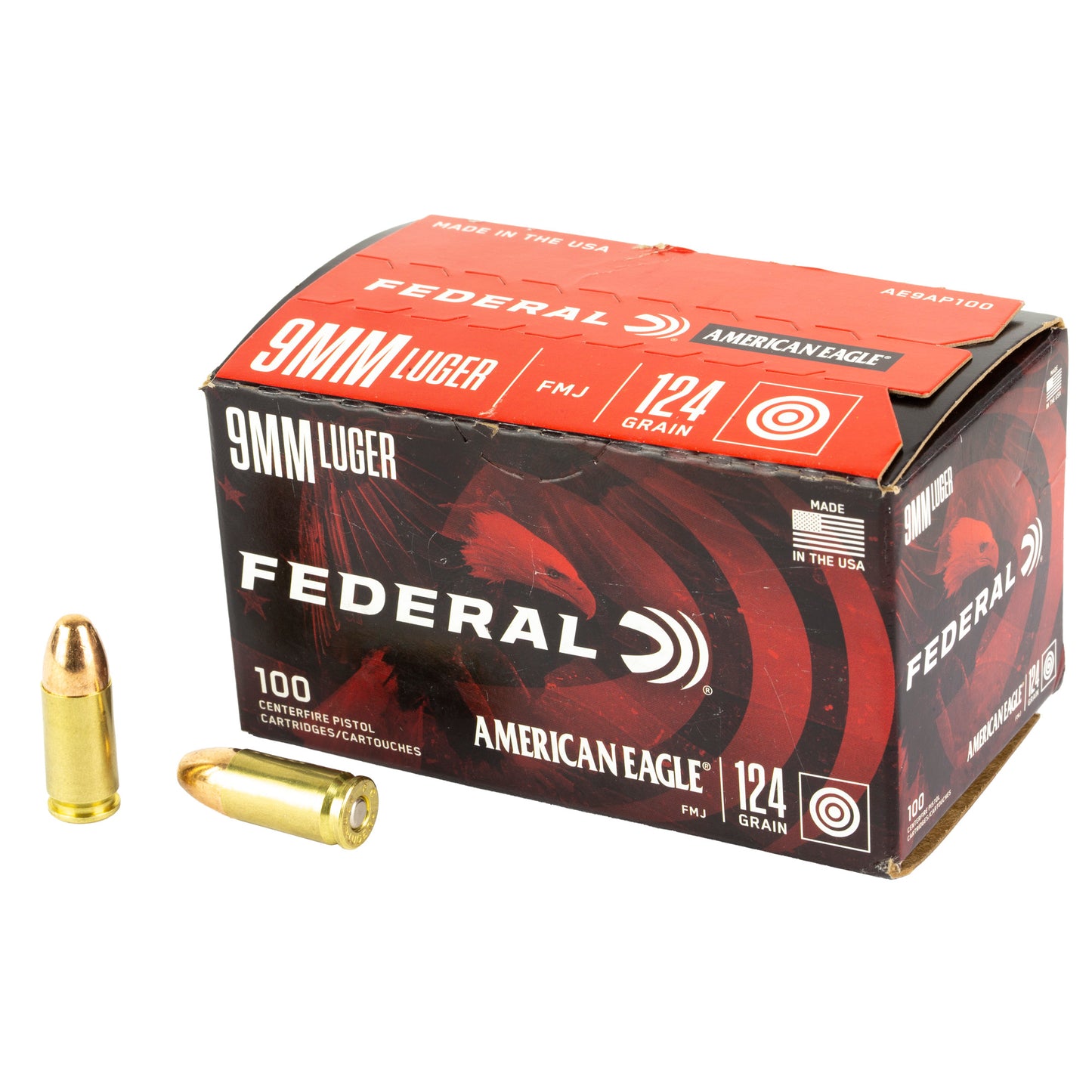 Federal American Eagle 9mm Luger 124 Grain | Full Metal Jacket, FMJ | 100 Round Box 