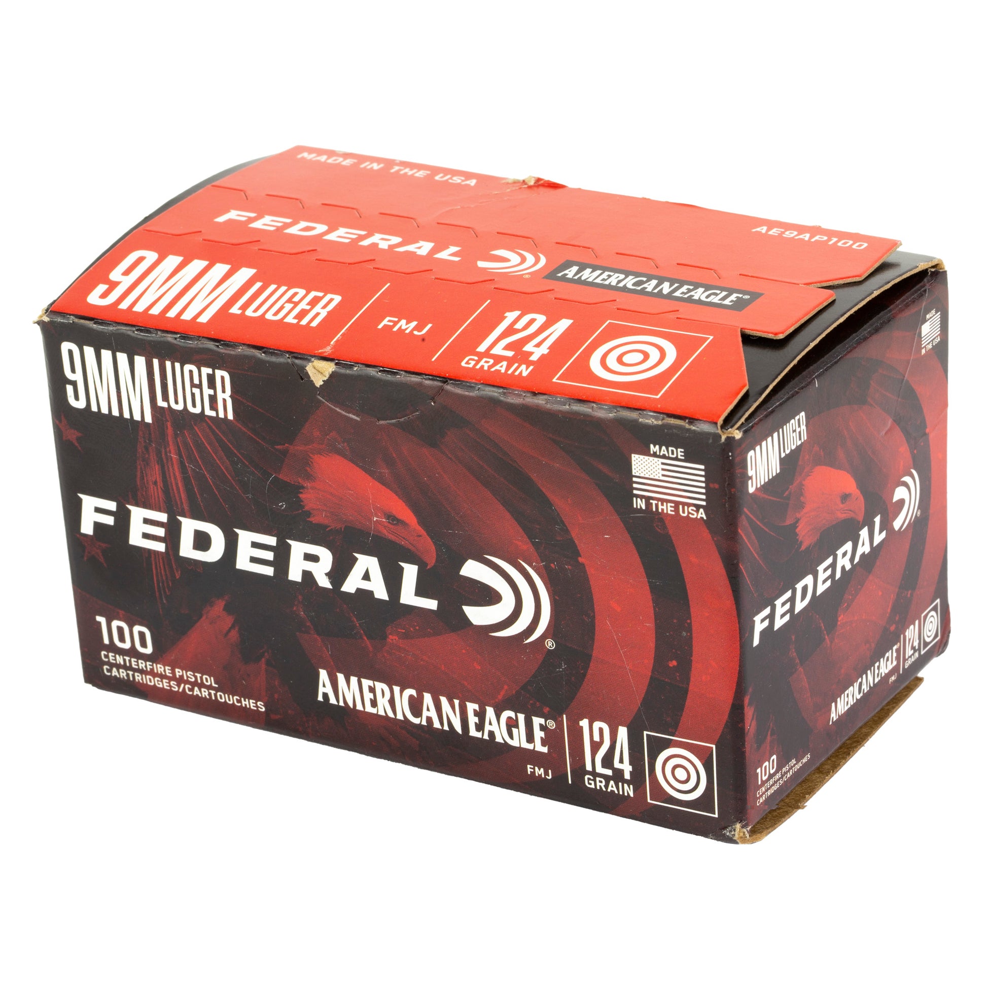 Federal American Eagle 9mm Luger 124 Grain | Full Metal Jacket, FMJ | 100 Round Box 