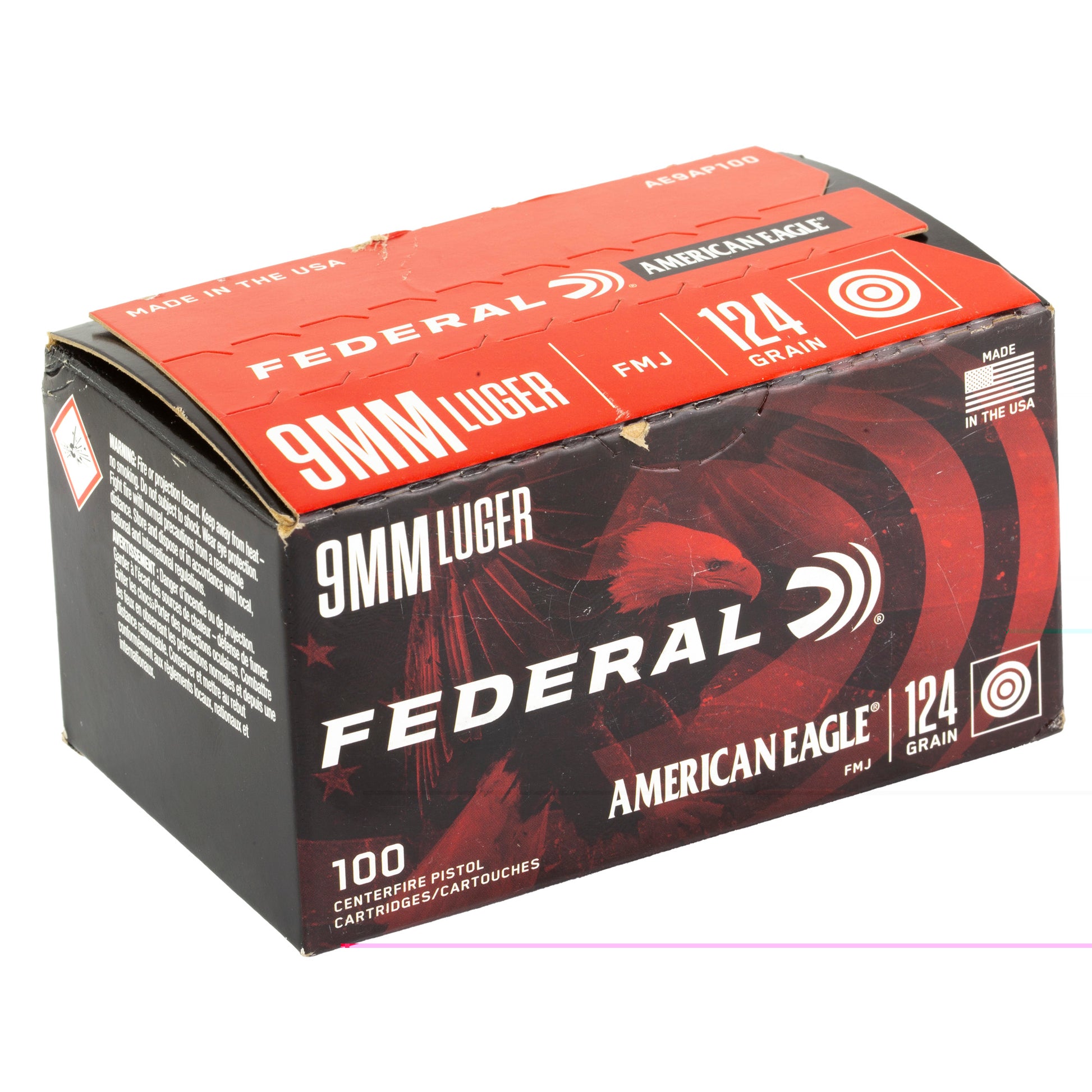 Federal American Eagle 9mm Luger 124 Grain | Full Metal Jacket, FMJ | 100 Round Box 