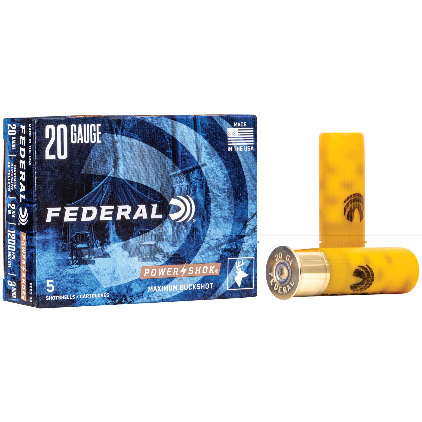 Federal, PowerShok, 20 Gauge, 2.75", 3 Buck, Max Dram, Buckshot, 20 Pellets  (5 Round Box)