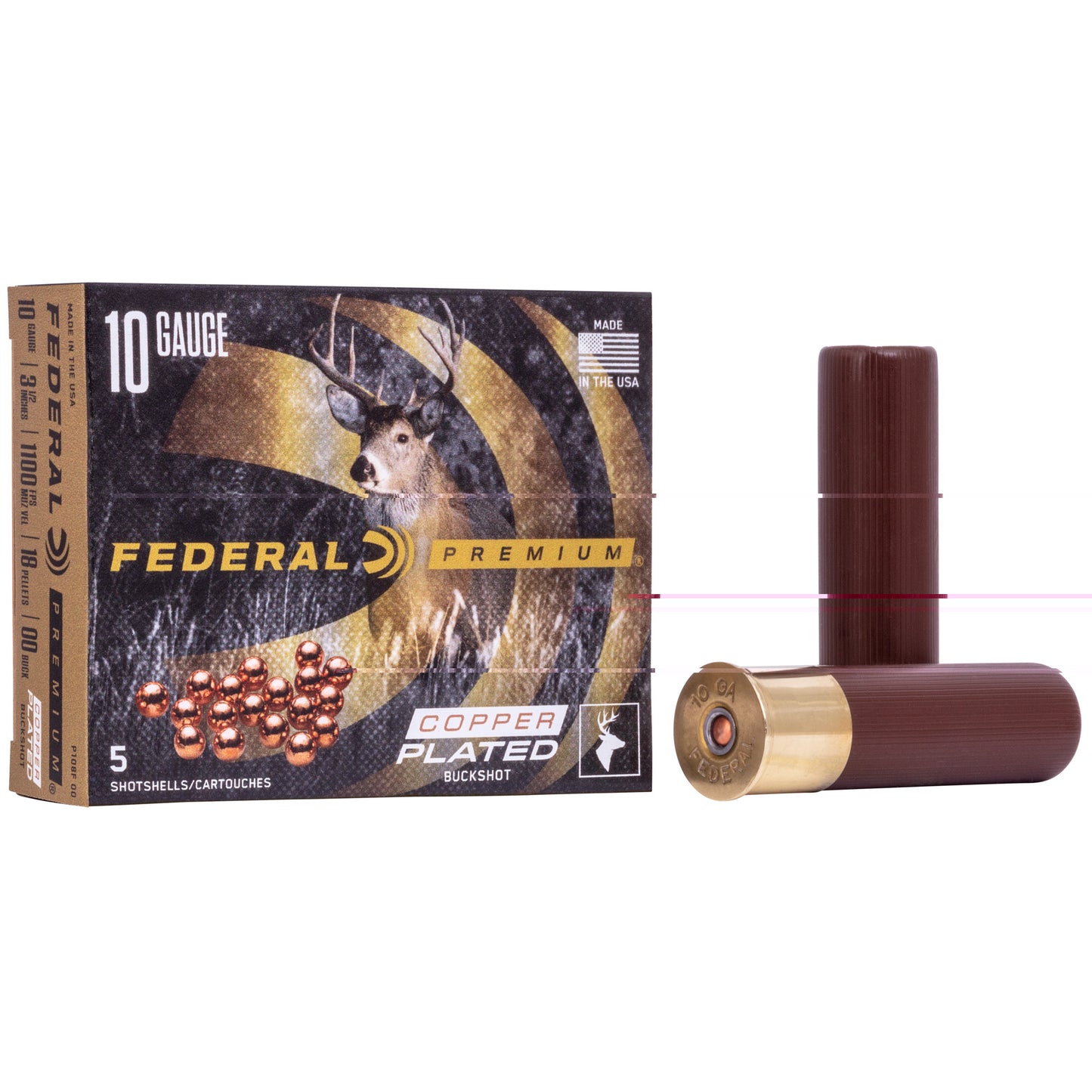 Federal, Copper Plated Buckshot, 10 Gauge 3.5", 00 Buck, 2 1/4oz  (5 Round Box)