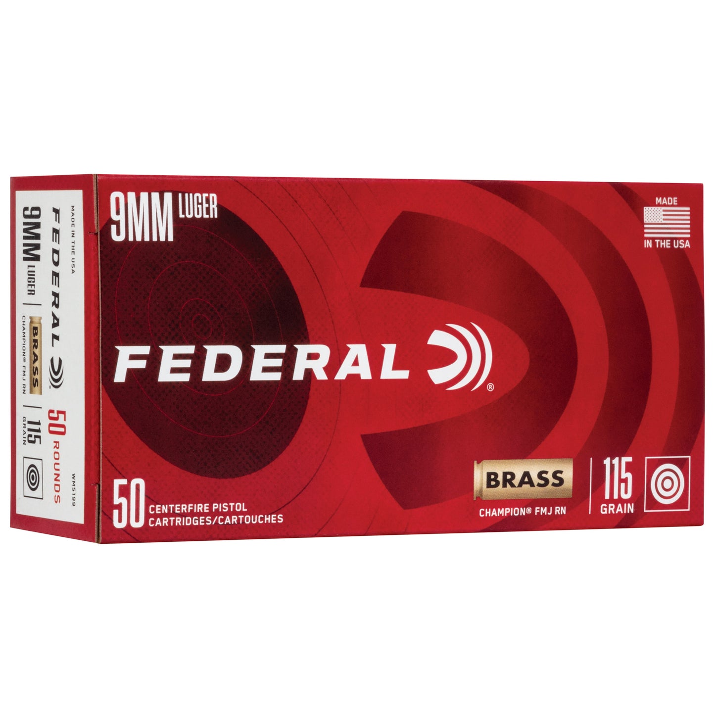 Federal, Champion, 9mm Luger, 115 Grain | Full Metal Jacket, FMJ | Brass Case 50 Round Box 