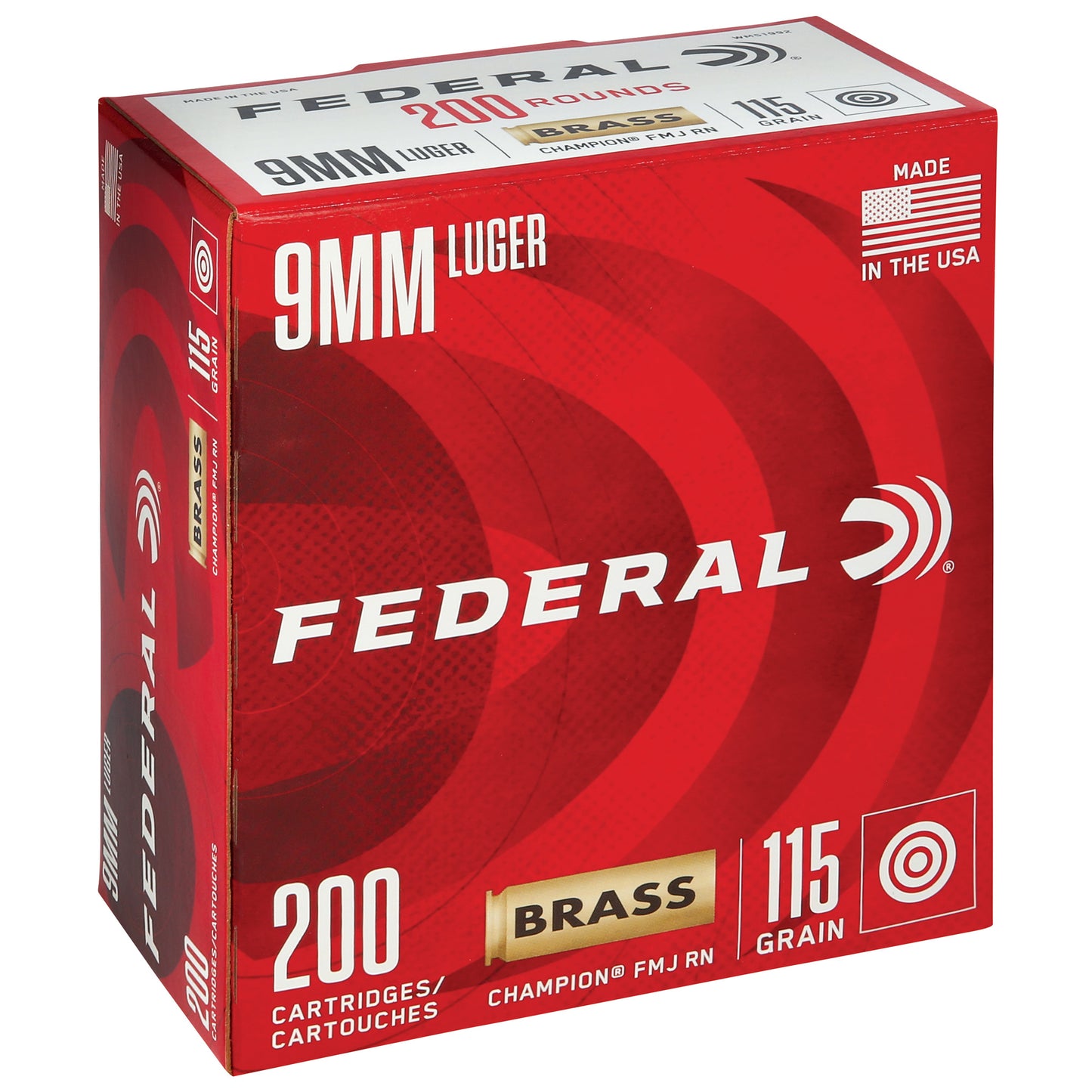 Federal Champion 9mm Luger 115 Grain | Full Metal Jacket, FMJ | Brass Casing 200 Round Box 