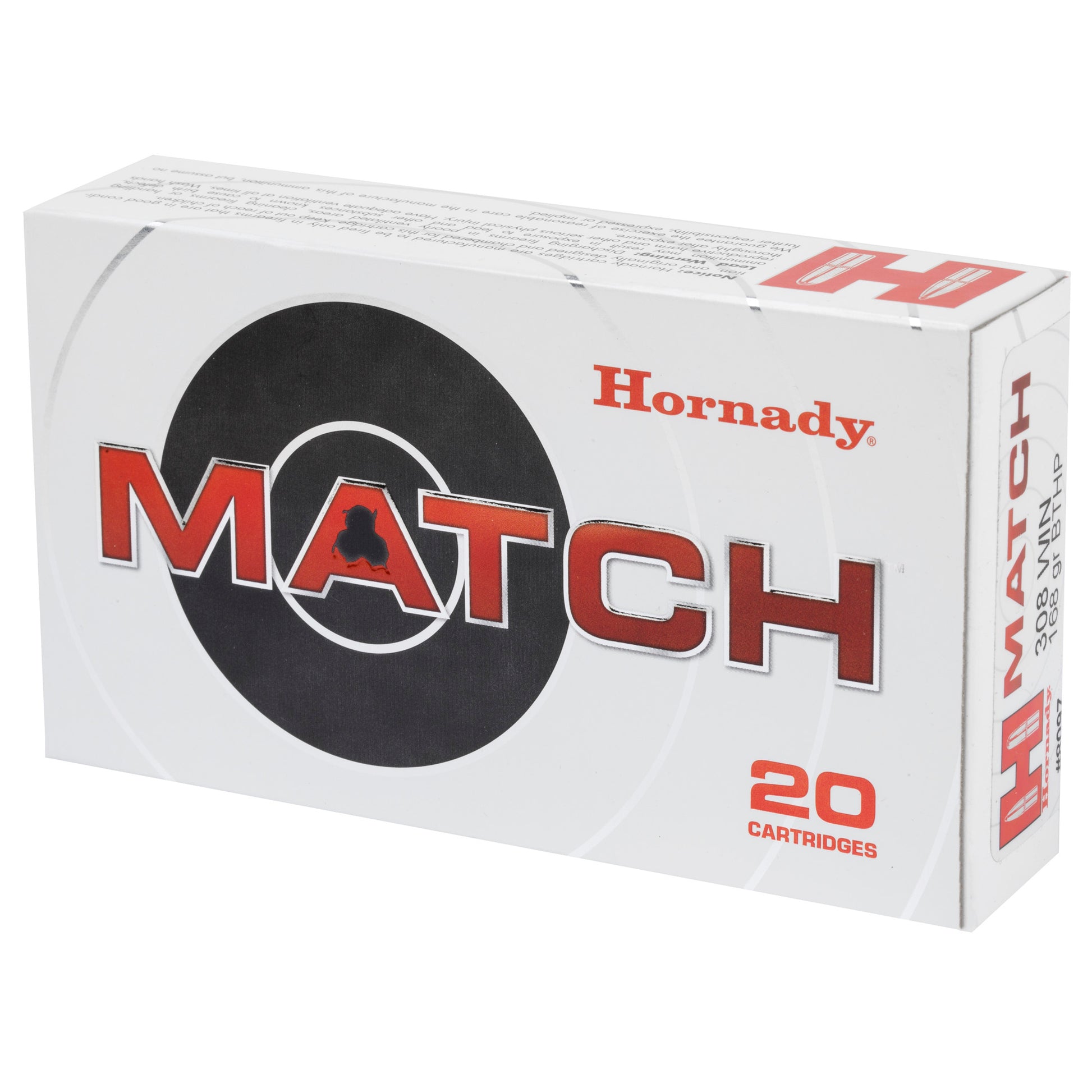 Hornady, Match Ammunition, 308 Win, 168 Grain, Boat Tail Hollow Point, 20 Round Box