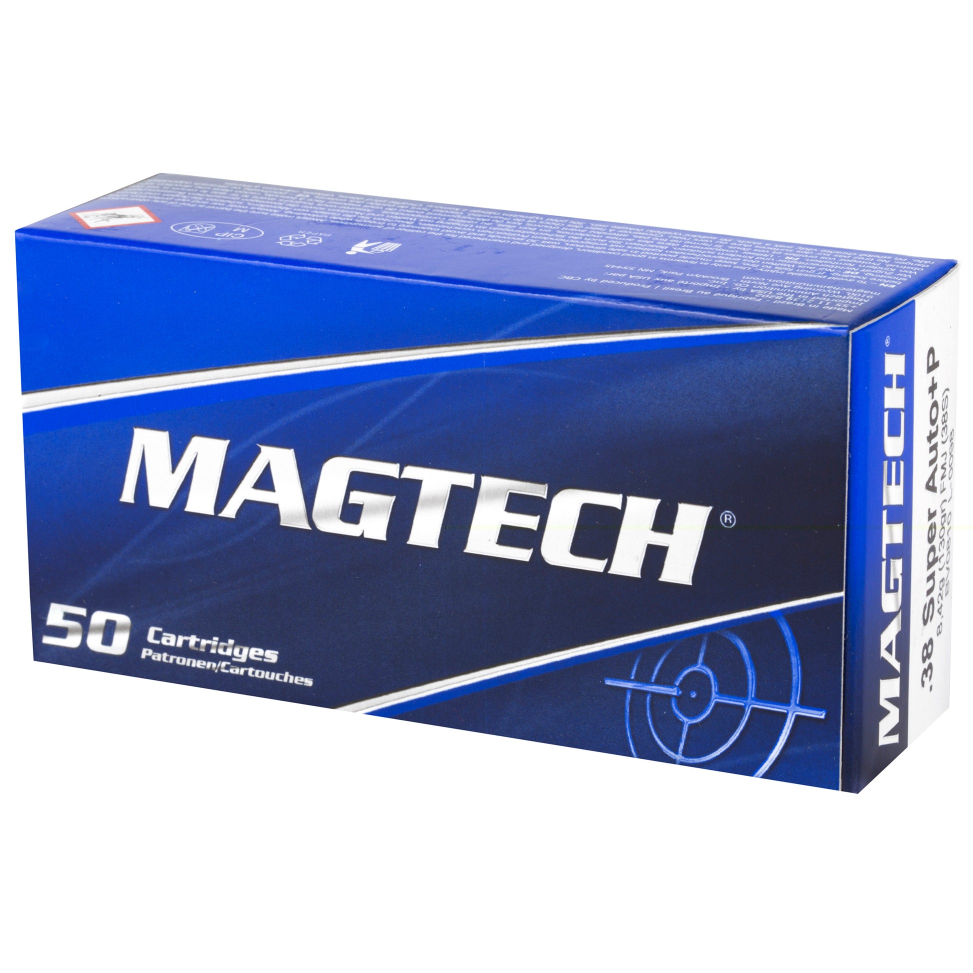 Magtech .38 Super Auto, Overpressure Ammunition,+P, 130 Grain | Full Metal Jacket, FMJ | 50 Rounds per Box