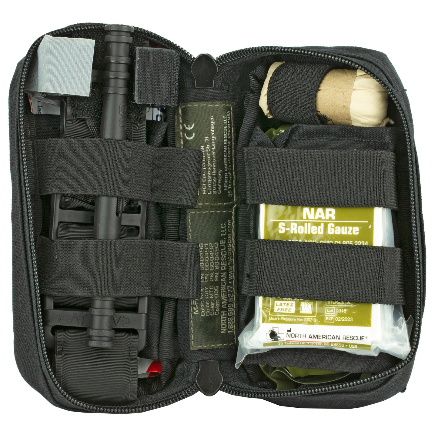 North American Rescue, M-FAK Mini First Aid Kit, Contains: 1 C-A-T Tourniquet, 1 ETD 4" Flat, 1 Gauze S-Rolled, 1 HyFin Compact Chest Seal Twin Pack, 1 Pair Nitrile Gloves in Large, 500 Denier Nylon Bag, Black Finish