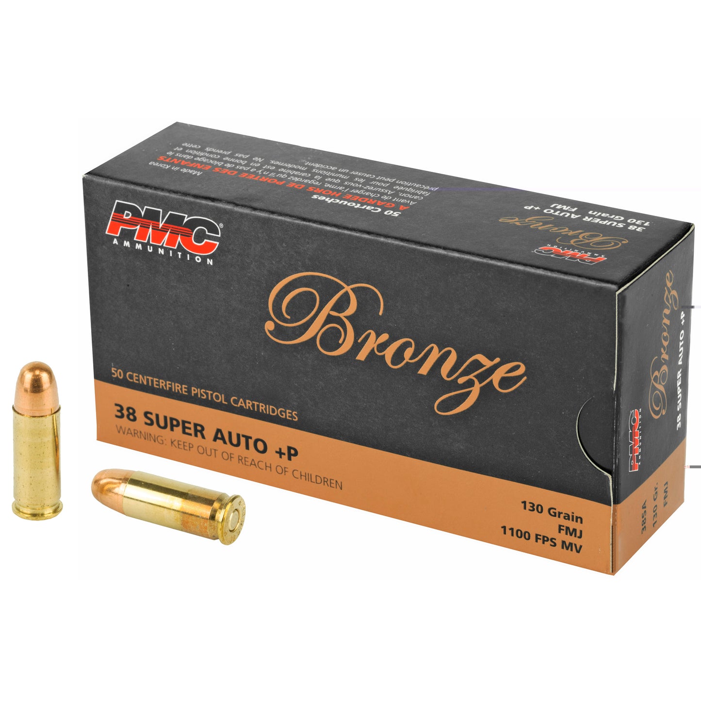 PMC Bronze, .38 Super Auto, Overpressure Ammunition, +P, 130 Grain | Full Metal Jacket, FMJ | 50 Rounds per Box