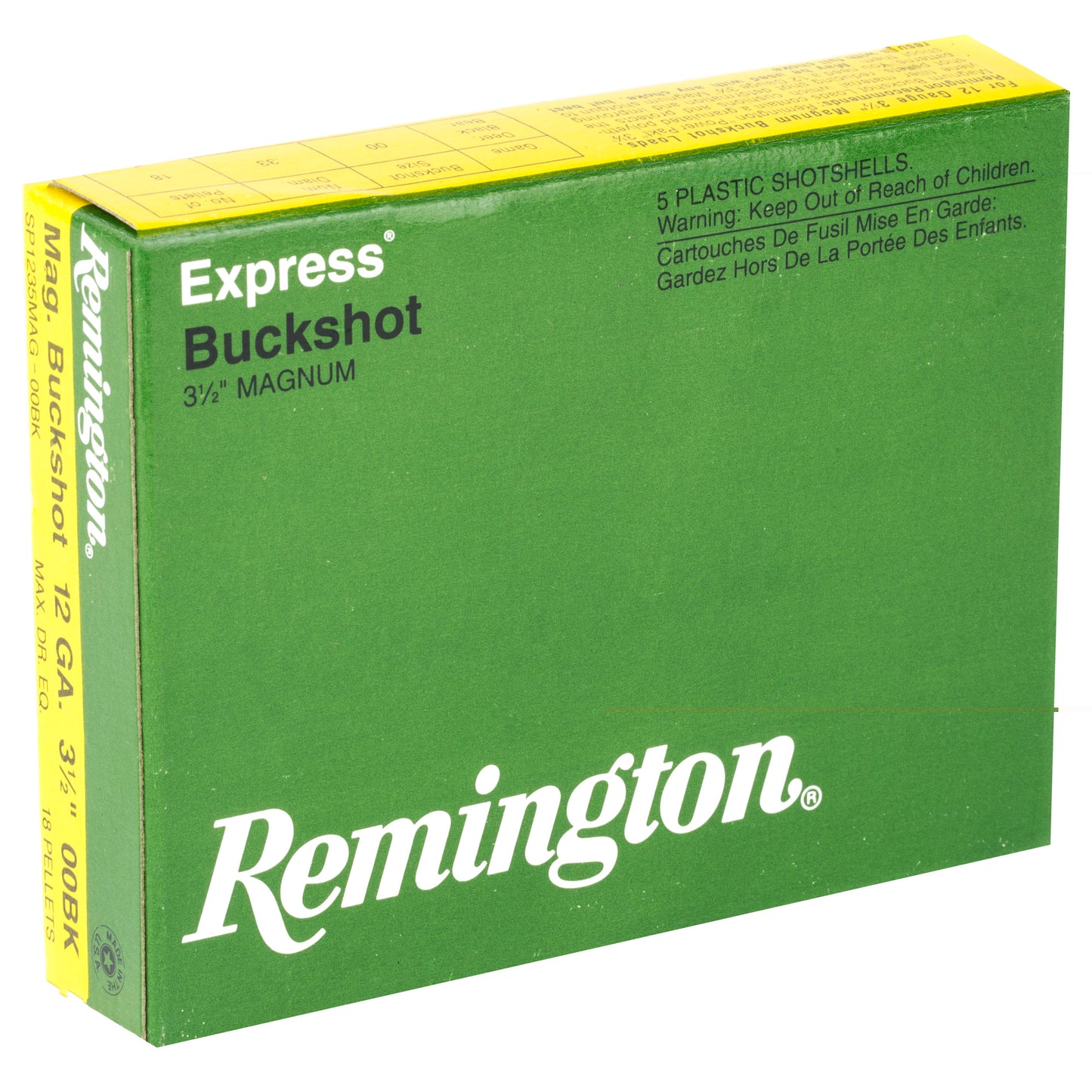 Remington, Express, 12 Gauge, 3.5", 00 Buck, Max Dram, Buckshot, 18 Pellets  (5 Round Box)