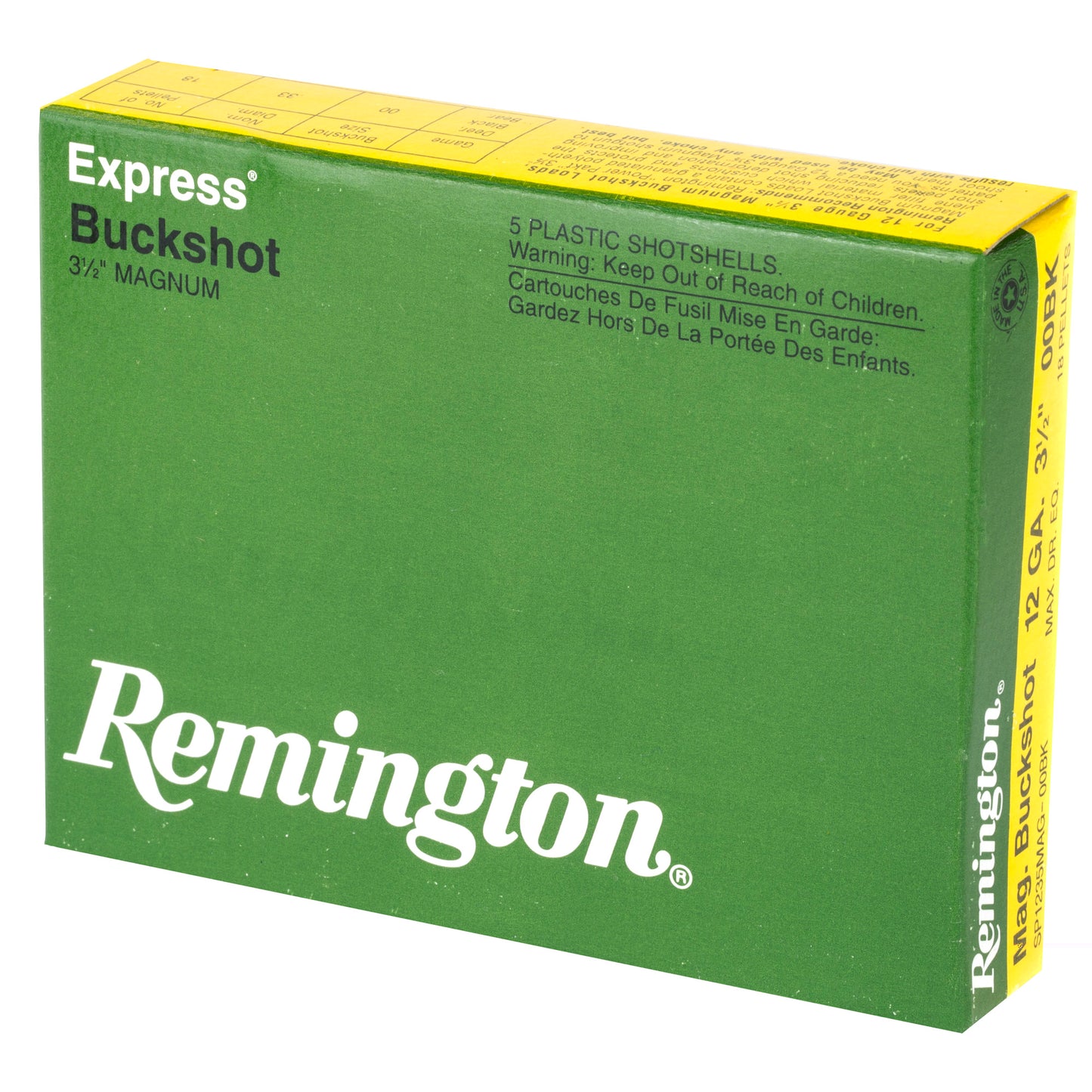 Remington, Express, 12 Gauge, 3.5", 00 Buck, Max Dram, Buckshot, 18 Pellets  (5 Round Box)