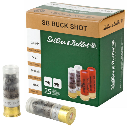 Sellier & Bellot, Shotshell, 12 Gauge, 2.75", 00 Buck, 9 Pellets  (25 Round Box)