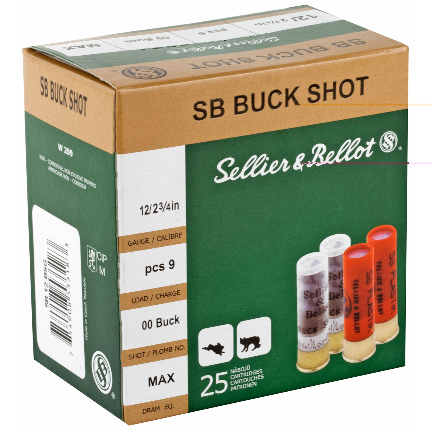 Sellier & Bellot, Shotshell, 12 Gauge, 2.75", 00 Buck, 9 Pellets  (25 Round Box)